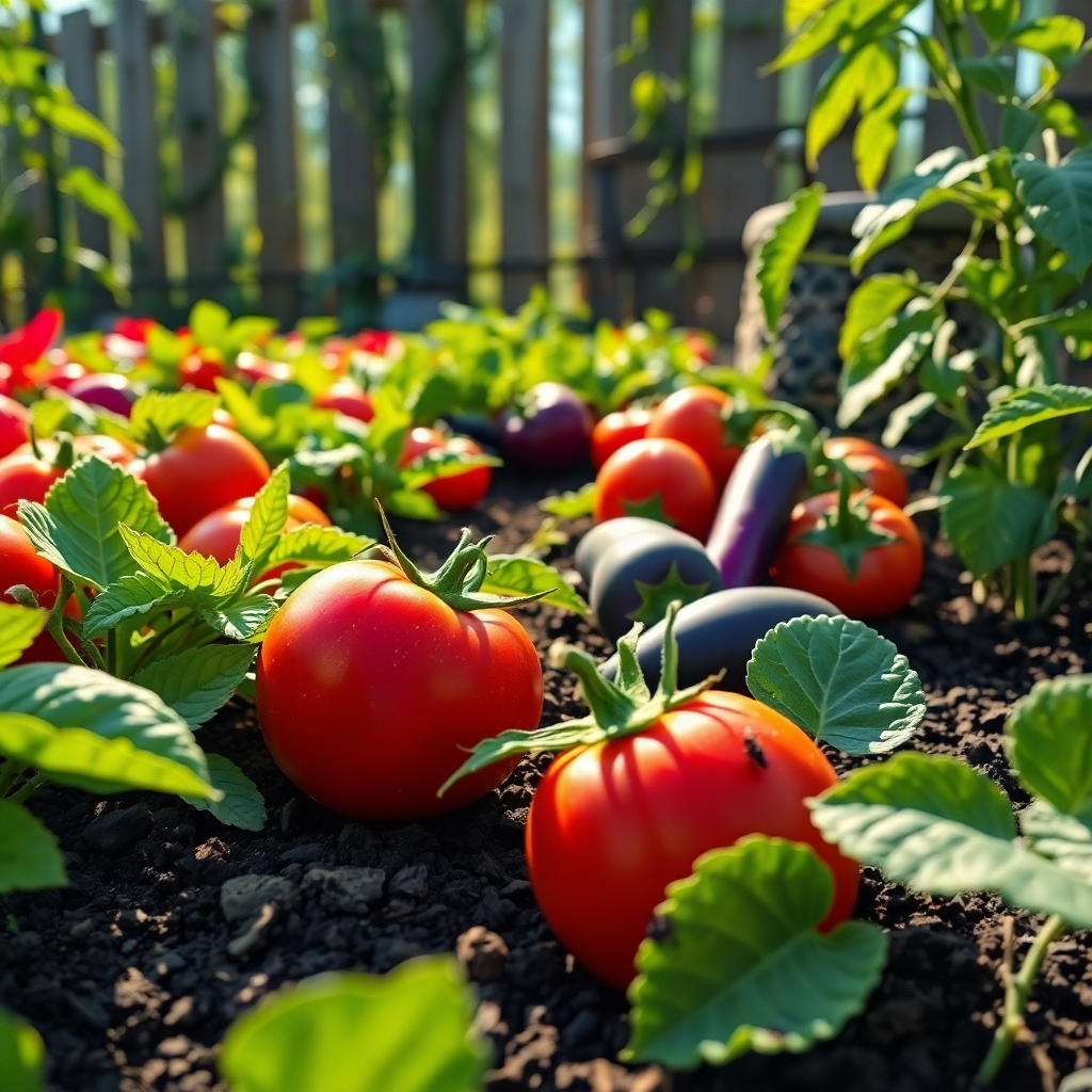 A hyperrealistic image, 8K resolution, showcasing a vibrant vegetable garden bursting with life.  The composition is a close-up shot of various colorful vegetables—ripe red tomatoes, plump green peppers, vibrant purple eggplants—growing in neat rows, their leaves reflecting soft sunlight.  The lighting is bright and sunny, creating sharp contrasts and deep shadows. The color palette is rich and earthy, focusing on the natural tones of the vegetables and soil. The camera angle is at eye level, making the viewer feel immersed in the garden.  The soil is rich and dark, textures of the plants including soft leaves and the rough surface of a tomato are visible. The background features a rustic wooden fence partially visible with climbing beans and a well-maintained compost bin.  The style is inspired by the work of Dutch Masters, emphasizing the fine details and realistic representation of organic textures. The image should have a photorealistic quality, with highly detailed rendering of every plant, leaf, and insect within the scene.  