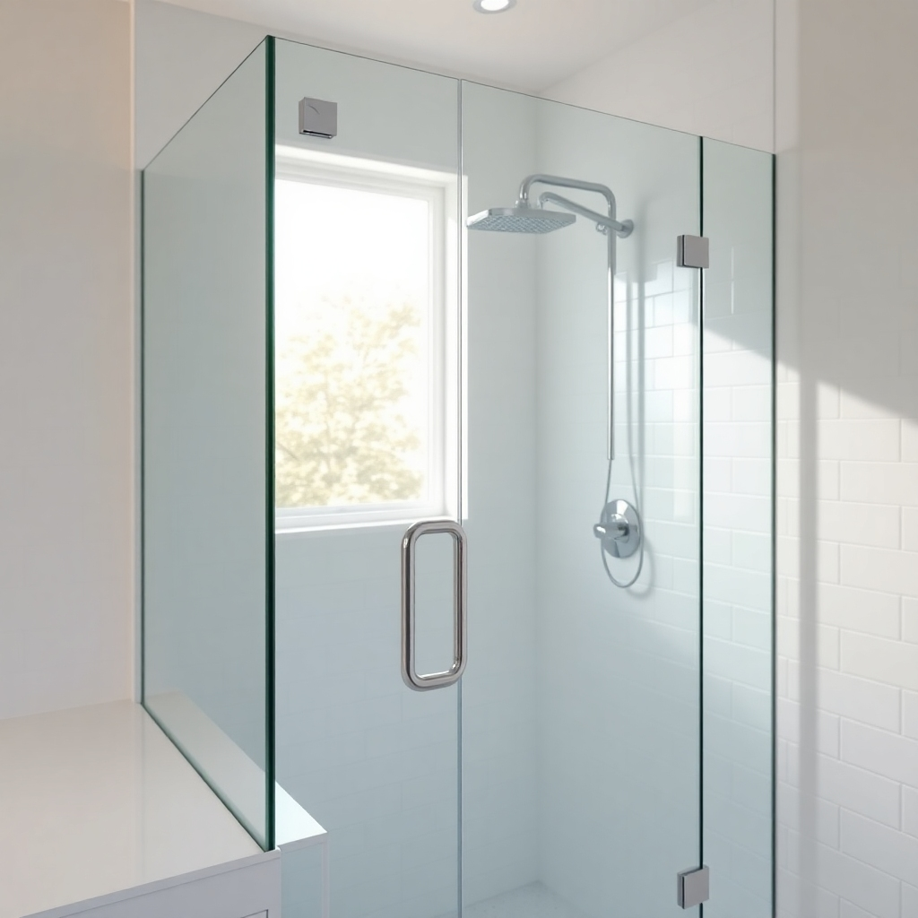A hyperrealistic image in 8K resolution showcasing a newly installed frameless shower door. The scene is brightly lit by soft, diffused light from a nearby window, casting a warm glow on the clear, pristine glass. The color palette is bright and clean, emphasizing the clarity and transparency of the glass.  The focus is on the sleek, modern design of the shower door, highlighting its seamless integration with the existing shower enclosure. The background features a modern, minimalist bathroom with white tile and chrome fixtures. The glass is exceptionally clear and reflective, subtly showing the surrounding bathroom details. Texture details should clearly show the smoothness of the shower glass and the polished chrome of the hardware.  The camera angle is a slightly low angle, emphasizing the height and elegant design of the door. The image should be styled in the contemporary minimalist aesthetic, similar to the work of renowned architectural photographers, emphasizing clean lines and luxurious simplicity.  The overall mood is one of elegance, cleanliness, and modern luxury.