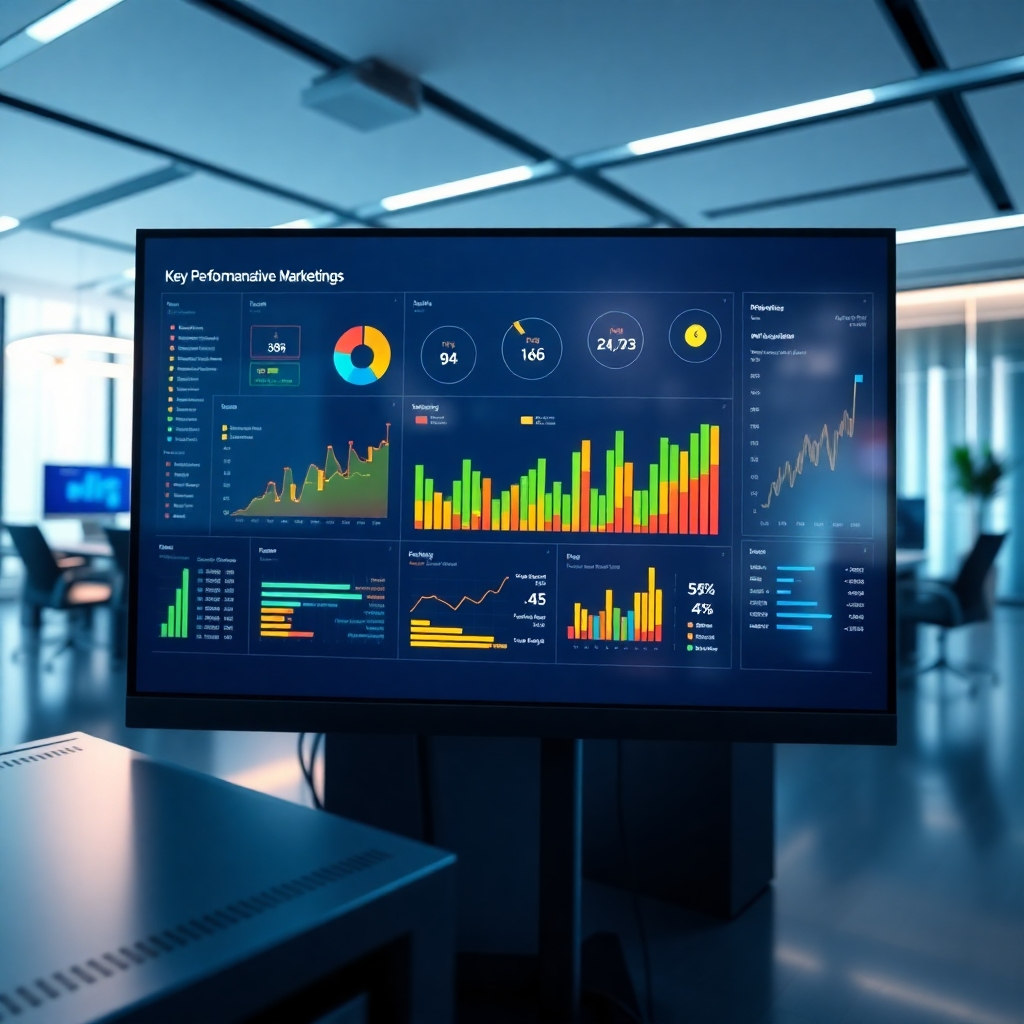 A hyperrealistic image rendered in 8K resolution, showcasing a large, interactive dashboard displaying key performance indicators (KPIs) related to affiliate marketing. The scene is bathed in cool, clean lighting, enhancing the technological aspect of the visualization.  The color palette uses deep blues and greens to represent data streams, accented by bright, vibrant yellows and oranges indicating positive trends. The camera angle is a close-up shot focusing on the central dashboard; however, it provides a slight view of a sophisticated, modern office space in the background.  The textures include the smooth glass of the screens, the metallic finish of the computer casings, and the soft glow of the digital displays. The image should evoke efficiency, precision, and data-driven decision-making. Style reference: Peter Lindbergh. The overall mood should be clean, professional, and tech-forward.