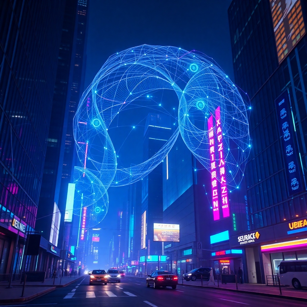 A hyperrealistic image rendered in 8K, portraying a futuristic cityscape at night.  The scene is dominated by holographic projections of user data, elegantly swirling and forming intricate patterns, all secured by blockchain technology represented by glowing, interconnected nodes and lines. Soft, neon-colored lighting creates a vibrant yet calm atmosphere. The perspective is from street level, looking up towards towering skyscrapers adorned with dynamic digital displays. The image should showcase the secure and private nature of the identity verification process. The mood is one of futuristic sophistication and security. The style is inspired by the sleek, vibrant designs of Blade Runner 2049, while maintaining photorealistic details and textures, resembling high-end product photography.  Focus should be on the clarity and detail of the holographic projections and their interaction with the city environment.  The color palette should include deep blues, purples, and vibrant greens.