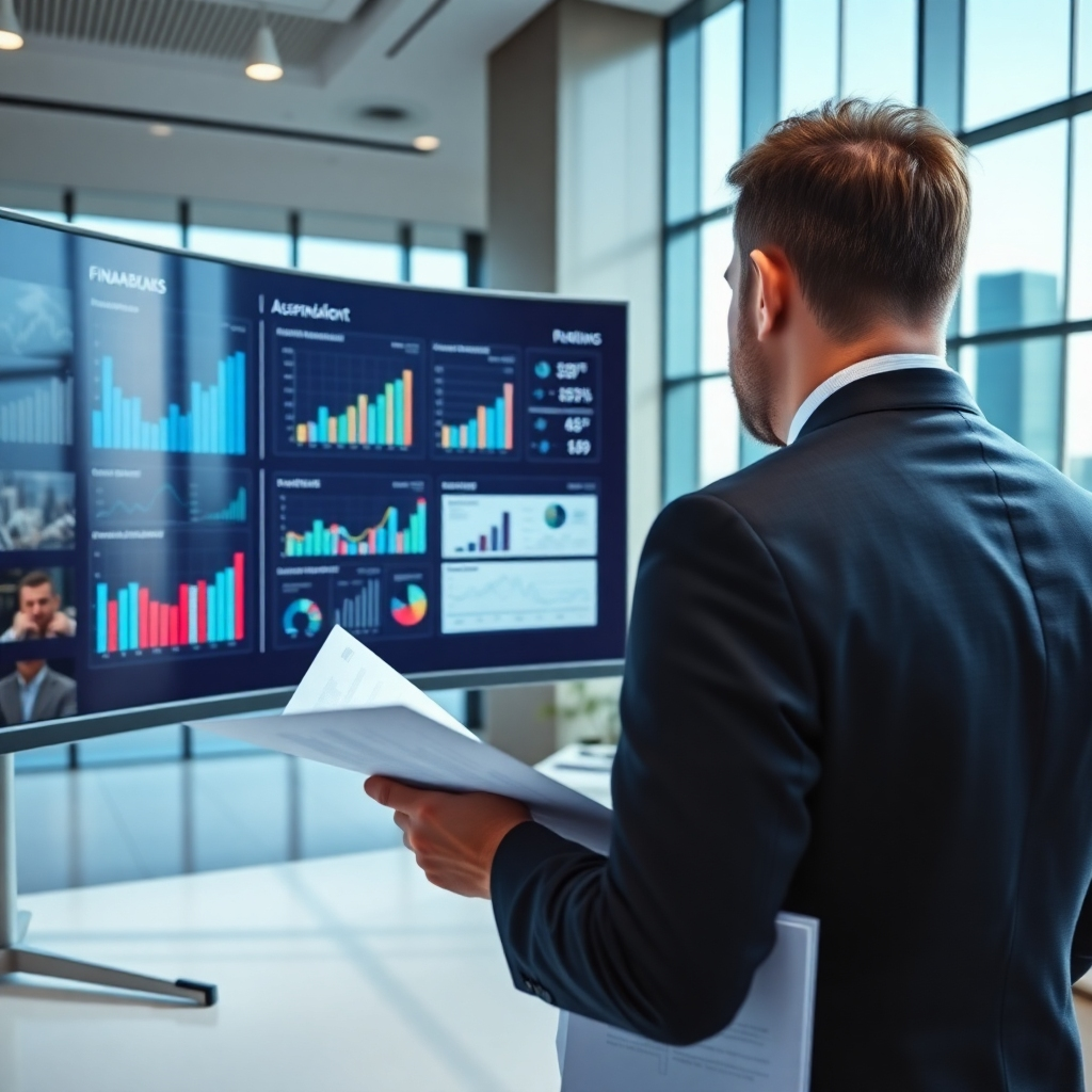 A hyperrealistic image, ultra-detailed, 8K resolution, shot in the style of a contemporary corporate photography. The scene shows a businessperson, dressed professionally, reviewing financial reports on a large, curved monitor.  The room is modern and spacious with floor-to-ceiling windows, showcasing a cityscape. The lighting is bright and clean, creating sharp contrasts. The color palette is predominantly blues and greys, with pops of color from the charts and graphs displayed on the monitor. The image shows textures – the smooth surface of the monitor, the crispness of the printed reports, the fine weave of the businessperson’s suit.  The camera angle is over the shoulder of the businessperson, focusing on the monitor, creating a sense of immersion.  The charts and graphs are clear and visually engaging.  The background elements are blurred, adding to the focus on the monitor and financial data.  The mood should be confident and professional, reflecting the trust and expertise associated with financial reporting.  The image should exude professionalism and competence.