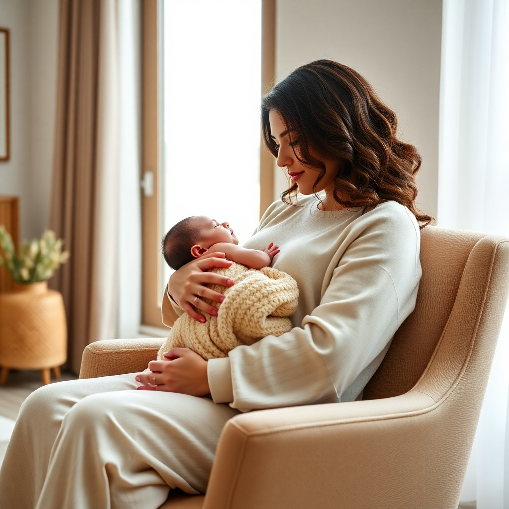 A hyperrealistic photograph, 8K resolution, styled like a modern maternity photoshoot. The composition centers on a new mother gently cradling her newborn baby while sitting in a comfortable armchair near a large window. The soft, diffused natural light streams in, creating a warm and inviting atmosphere. The mother is dressed in soft, comfortable clothing, with the baby wrapped in a plush blanket. The image emphasizes the emotional bond between the mother and child, showcasing their closeness and love.  The color palette is warm and comforting, featuring soft pastels and natural tones. Fine details, including the texture of the baby’s skin and the mother’s hair, should be highly realistic. The background is minimalist and understated, with tasteful decor subtly present to suggest a homey setting. The camera angle is eye-level and slightly off-center, fostering a feeling of warmth and intimacy.  The overall image should convey feelings of love, connection, calm, joy and healing. The focus should be on capturing the exquisite detail and emotion of this tender moment.