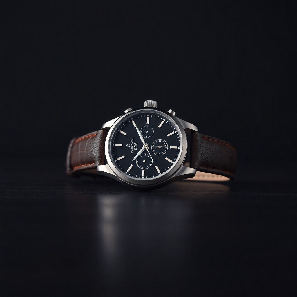 A hyperrealistic product shot of a luxury watch. The watch is set on a dark wooden surface, with soft diffused lighting illuminating its features. The camera angle is slightly elevated, providing a clear view of the watch's design. The focus is sharp and crisp, highlighting every detail of the watch's craftsmanship, including the texture of the leather strap and the intricate details of the watch face. The background is a simple, uncluttered dark grey, ensuring the watch is the central focus. The color palette is muted and sophisticated, enhancing the overall impression of quality and luxury. The style is similar to the clean lines and minimalist approach often seen in high-end product photography from brands like Apple. The resolution should be 8K, capturing extreme detail. The image should have a clean, sophisticated aesthetic, emphasizing the watch's quality and precision. The textures of the materials (metal, leather, glass) should be incredibly realistic, showing depth and shine.