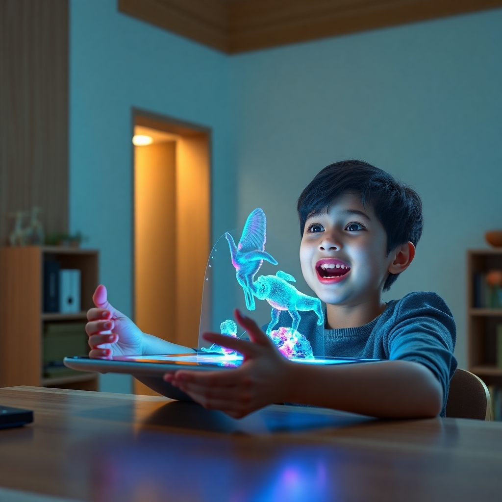 A hyperrealistic, ultra-detailed (8K resolution) image showcasing a student excitedly interacting with a holographic educational simulation on a futuristic tablet. The scene is lit with a combination of soft ambient light and focused lighting on the holographic projection, creating a sense of wonder and immersion. The color palette is a blend of cool blues and greens, with vibrant pops of color within the simulation itself.  The camera angle is slightly low, looking up at the student, emphasizing their engagement with the technology. Textures are meticulously detailed, showing the smooth, reflective surface of the tablet, the fine details of the student's expression, and the complex, almost tangible, textures within the holographic projection.  The background should be a clean, minimalist study space with natural wood elements to emphasize the technology’s integration into a normal learning space. The style should mimic the sleek, futuristic aesthetics of science fiction films.  The overall mood should be one of playful curiosity and intellectual exploration. The image should feel both fantastical and grounded in reality.  The holographic simulation should depict a historical event or a complex scientific concept, visualized in an engaging and intuitive manner.