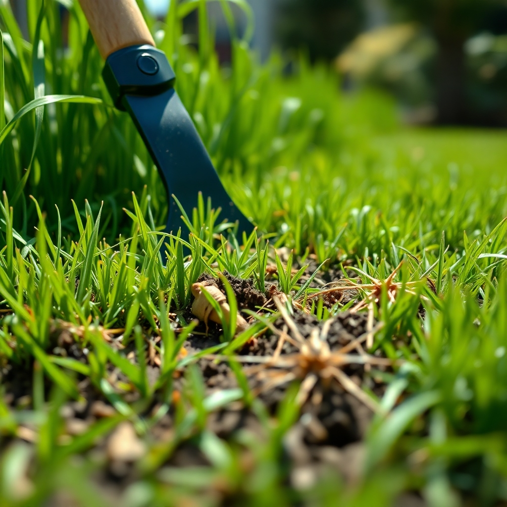 A hyperrealistic, ultra-detailed (8K resolution) close-up image showcasing the meticulous removal of weeds from a lush, green lawn. The image should focus on the contrast between the vibrant green grass and the eradicated weeds, which are shown lying neatly on the lawn, recently removed. The lighting is bright and natural, with soft shadows providing depth. The camera angle is slightly low, emphasizing the neatness of the weed removal and the lushness of the grass. The background should be blurred slightly to draw focus to the foreground detail. The texture of the grass, soil, and weeds should be clearly visible, with realistic detailing of individual blades of grass and weed structures. The overall mood is clean, organized and professional.  The image should be in the style of a high-end gardening or landscaping magazine, conveying both functionality and aesthetics. The color palette should be predominantly green and brown, with vibrant, realistic colors throughout. The image must emphasize the effectiveness and precision of the weed removal process.