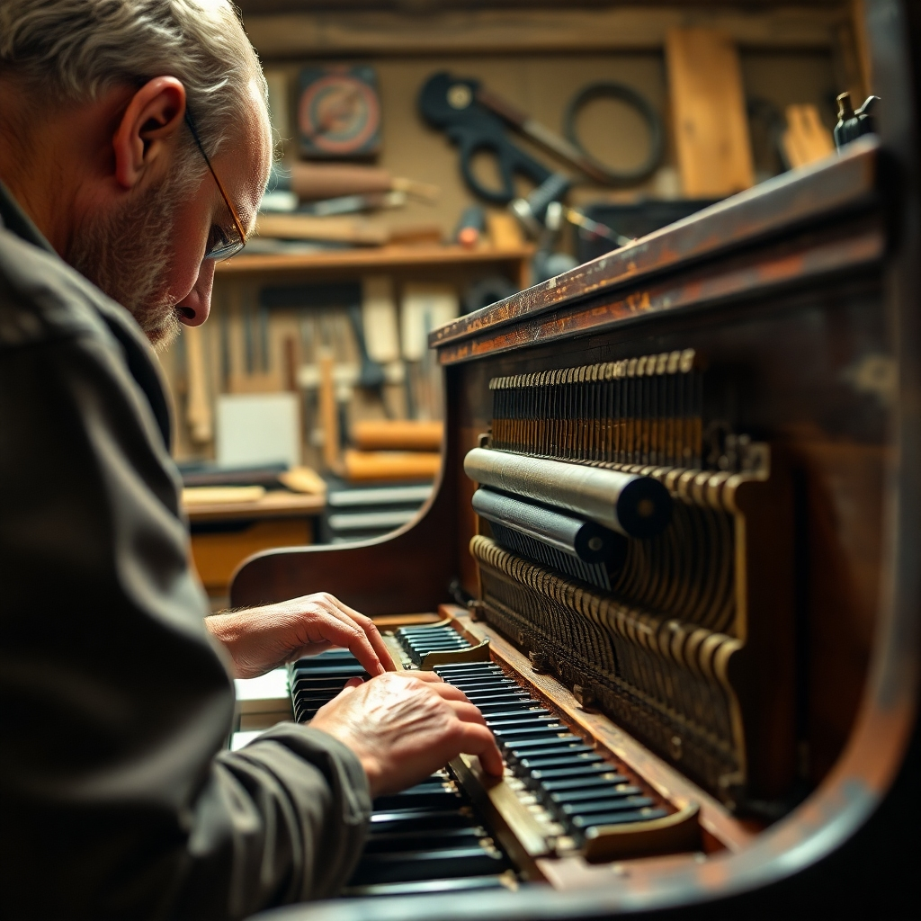 A hyperrealistic, ultra-detailed image (8K resolution) depicting a piano technician carefully repairing the action of a vintage upright piano. The lighting is dramatic, with a focused light source highlighting the intricate details of the hammers, dampers, and other action parts. The color palette is rich in contrast, showcasing the warm tones of the aged wood against the precise metallic components of the action. The camera angle is close-up, capturing the texture and detail of the piano's mechanism. The scene is captured from a slightly low angle, emphasizing the technician's concentration.  The background features a well-organized workshop with various tools and parts.  The image should evoke a sense of precision and care. The overall mood is one of careful restoration, with soft diffused background lighting contrasting the sharply lit action.  The style should emulate the precision and clarity of a scientific photography technique, providing a sense of meticulous detail. Textures include the smooth, worn surfaces of the piano wood, the delicate precision of the metallic action components, and the rough texture of the felt hammers. The image should be rendered in ultra-high detail, emphasizing the precise and delicate nature of the repair work.