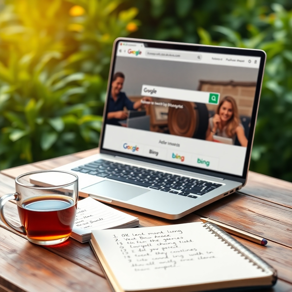 A hyperrealistic, ultra-detailed image in 8K resolution showcasing a laptop displaying a website with high search engine rankings. The laptop is positioned on a rustic wooden desk next to a cup of herbal tea and a notebook with hand-written notes about keywords and SEO strategies. The lighting is warm and inviting, creating a cozy and professional atmosphere. The color palette emphasizes natural earth tones with accents of calming blue and green. The camera angle is slightly elevated, providing a comprehensive view of the workspace and the laptop screen. The background is a blurred image of a lush green garden, representing natural wellness. The texture of the wood is visibly detailed; the screen shows clearly the webpage with high search engine rankings (showing the website URL, and high positions in Google, Bing etc.). The overall mood is one of calm, focus, and success. The image should be styled in the manner of a still life photography by Irving Penn, highlighting the details and textures while projecting a mood of professional accomplishment.