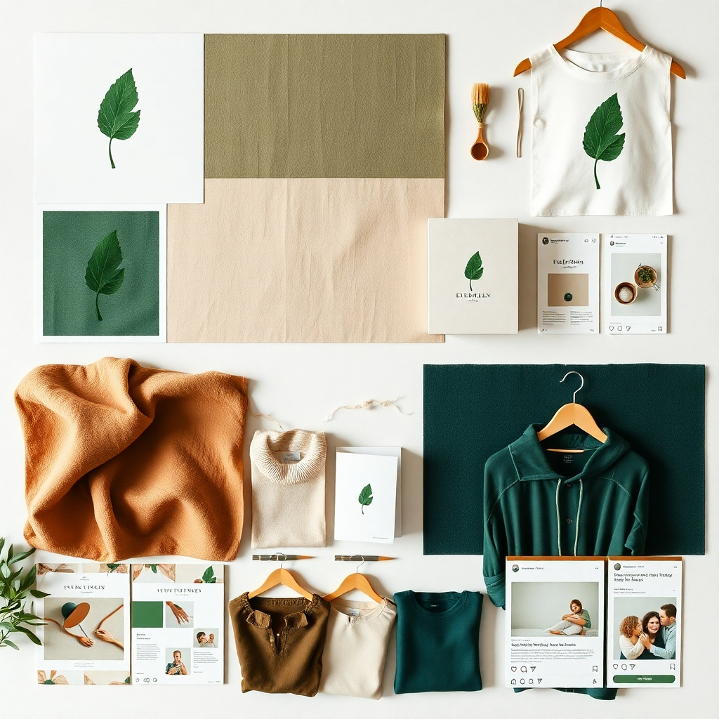 A hyperrealistic, ultra-detailed (8K resolution) image showcasing a cohesive brand identity for a fictional sustainable clothing brand named 'Evergreen Threads'. The image features a mood board with fabric swatches in earthy tones (greens, browns, creams), logo variations (a stylized leaf),  a selection of packaging designs (minimalistic with recycled paper texture), and examples of marketing materials (website mockups, social media posts). The lighting is soft and natural, highlighting the textures of the fabrics and materials. The color palette is earthy and organic, using muted greens, browns, creams, and subtle pops of  deep teal. The camera angle is a slightly elevated overhead shot, allowing viewers to appreciate the cohesive elements of the brand identity.  The textures are emphasized - rough linen, smooth cotton, recycled paper,  wooden hangers. Environmental details include a minimal, modern workspace background, suggesting a creative and thoughtful design process. The overall mood is sophisticated, natural, and eco-conscious.  The style references the works of photographers specializing in lifestyle and product photography with a focus on sustainability.