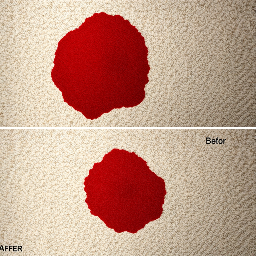 A hyperrealistic, ultra-detailed (8K resolution) image showcasing the before-and-after of stain removal on a light beige carpet. The "before" section shows a prominent red wine stain, and the "after" section shows the stain completely removed, the carpet restored to its original color and texture. The lighting is dramatic, with a spotlight focusing on the stain removal area to highlight the transformation. The color palette is predominantly neutral, with the deep red of the initial stain contrasting sharply against the light beige carpet.  The camera angle provides a clear, overhead view of both sections, allowing for a direct comparison. The image should appear meticulously clean and perfectly composed. The carpet texture needs to be precisely rendered, showcasing the fibers' texture and subtle variations in color and light reflection. Style reference: Erwin Blumenfeld. The background is minimally detailed, preventing distractions from the carpet and stain. The mood should convey expertise, precision, and the efficacy of the service.