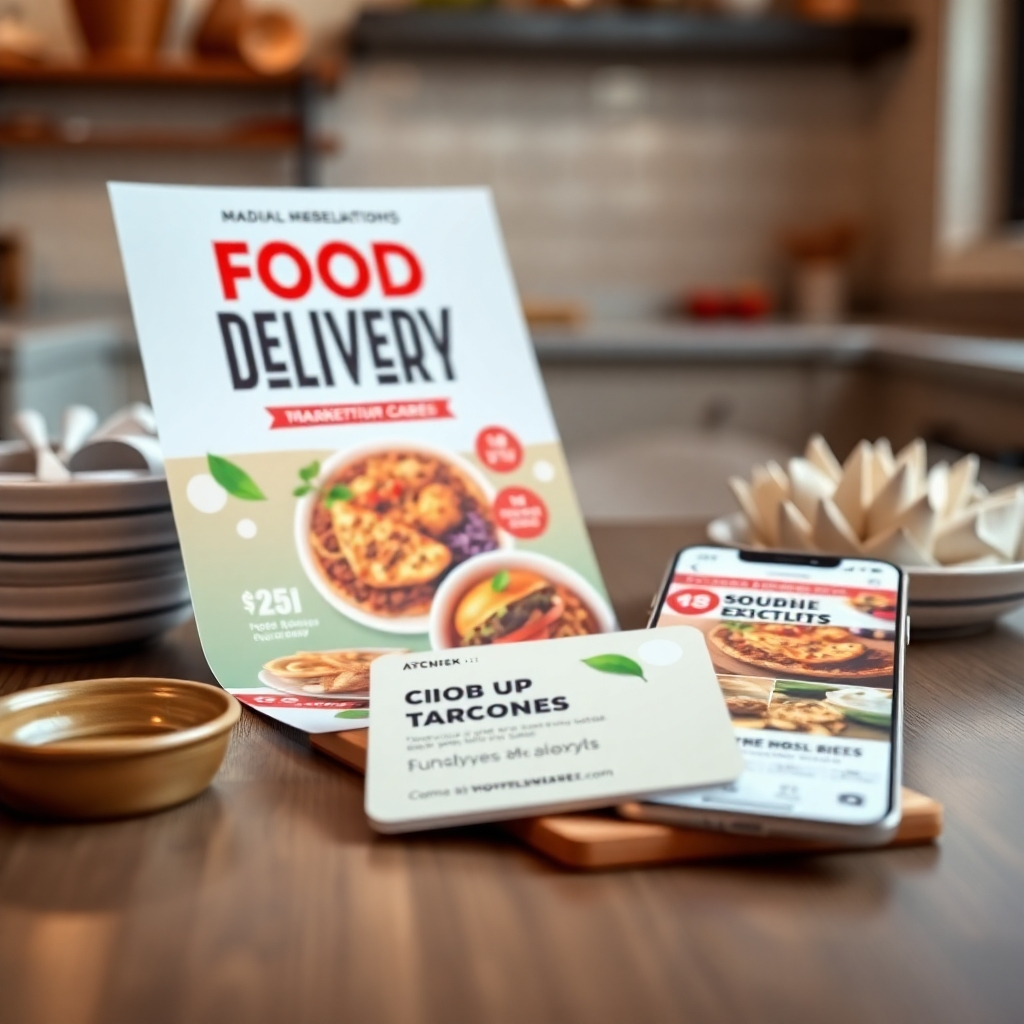 A hyperrealistic, ultra-detailed image showcasing a set of marketing materials for a food delivery service, photographed in soft, diffused lighting. The materials include a vibrant flyer with appetizing food photography, a sleek business card with a modern design, and a visually appealing social media post template.  The style should be modern and sophisticated, drawing inspiration from contemporary graphic design trends. The color palette should consist of warm and inviting colors, highlighting the deliciousness of the food. The camera angle should capture the materials in a visually appealing arrangement on a wooden table, with the background softly blurred. The textures and materials should be meticulously detailed, with accurate representations of the paper, ink, and other physical elements. The mood should be positive and energetic, conveying the excitement of food delivery.  The overall composition should be balanced and visually engaging, capturing the attention of the viewer immediately.  The background includes subtle elements suggesting a kitchen or restaurant environment. Aim for an 8K resolution image that showcases exceptional detail and sharpness. The image should be rendered in the style of a high-end product photography, emphasizing quality and elegance.