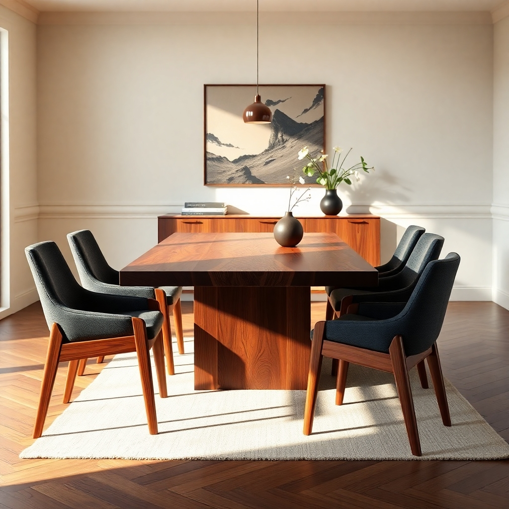 A hyperrealistic, ultra-high-definition image showcasing a custom-designed walnut dining table and accompanying chairs, set against a backdrop of a modern dining room. The style emulates the clean lines and craftsmanship of mid-century modern design, with a hint of Scandinavian influence. Dramatic side lighting accentuates the rich grain and warm tones of the walnut wood, enhancing the sense of luxury and quality. The color palette is composed of warm walnut browns, creamy off-white walls, and charcoal grey accents in the chairs and upholstery.  The camera angle is a medium shot, focusing on the table and chairs, with a portion of the dining room visible in the background. Textures should be highly detailed, showcasing the polished finish of the table, the subtle variations in the wood grain, and the texture of the chair upholstery.  The scene is set in a minimalist dining room, with a large window providing soft, diffused natural light.  The lighting casts subtle shadows and highlights, enhancing the three-dimensionality and realism of the scene.  The image should evoke a sense of elegance, sophistication, and handcrafted quality.