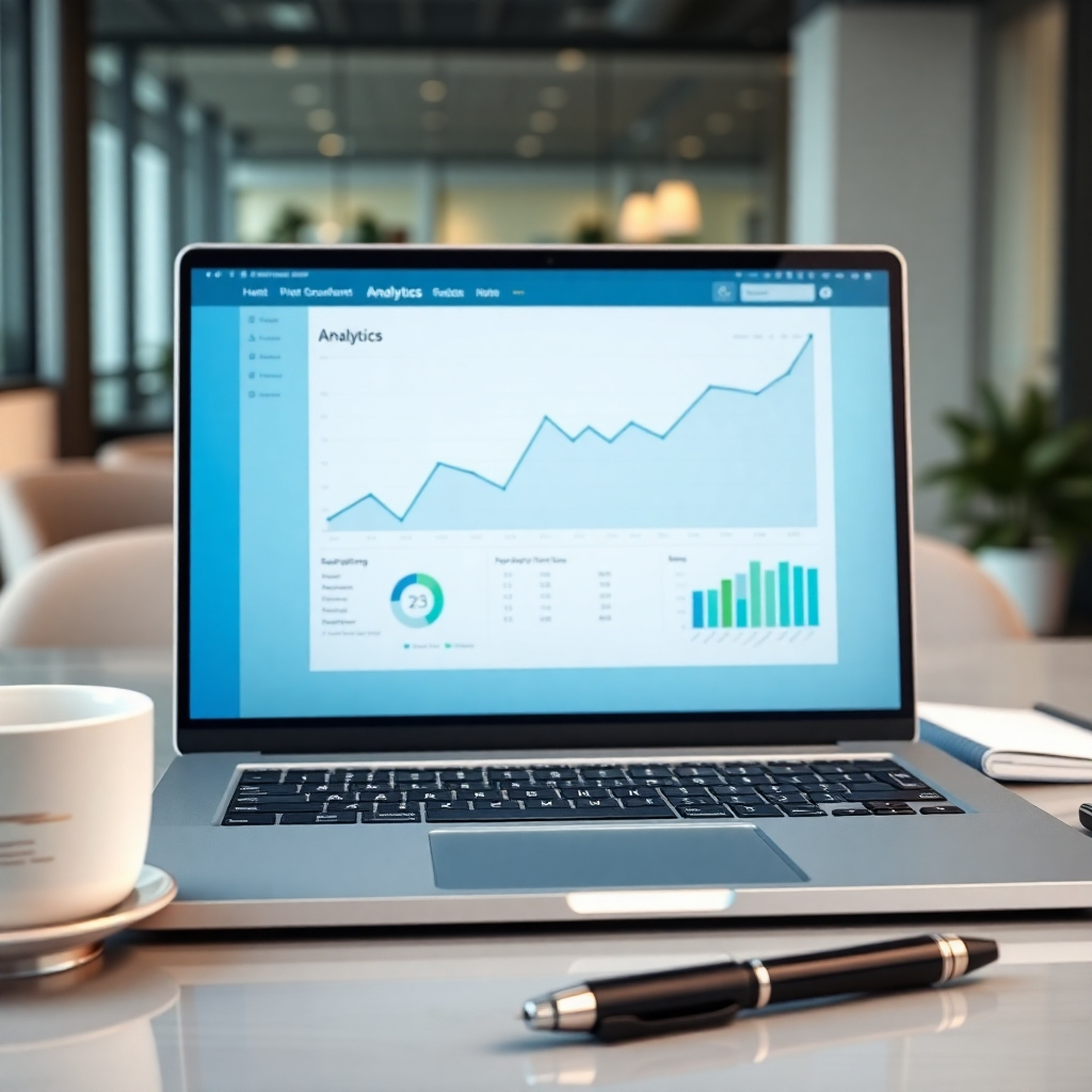 A hyperrealistic, ultra-high-definition 8K image showcasing a close-up view of a laptop screen displaying a website's analytics dashboard with soaring upward trending graphs and charts. The color palette is clean and professional, with shades of blue, green, and grey dominating.  The lighting is soft and diffused, eliminating harsh shadows. The camera angle is directly in front of the screen, providing a clear and direct view of the data. The textures include the smooth glass of the laptop screen and the subtle texture of the metallic keyboard. Environmental elements include a modern, minimalist office setting with blurred background elements.  Props include a coffee cup, a stylish pen, and a notebook. The overall mood is confident and successful.  The style emulates a clean, modern corporate aesthetic, similar to Apple product photography. The image should convey a sense of precision, optimization, and technological superiority.