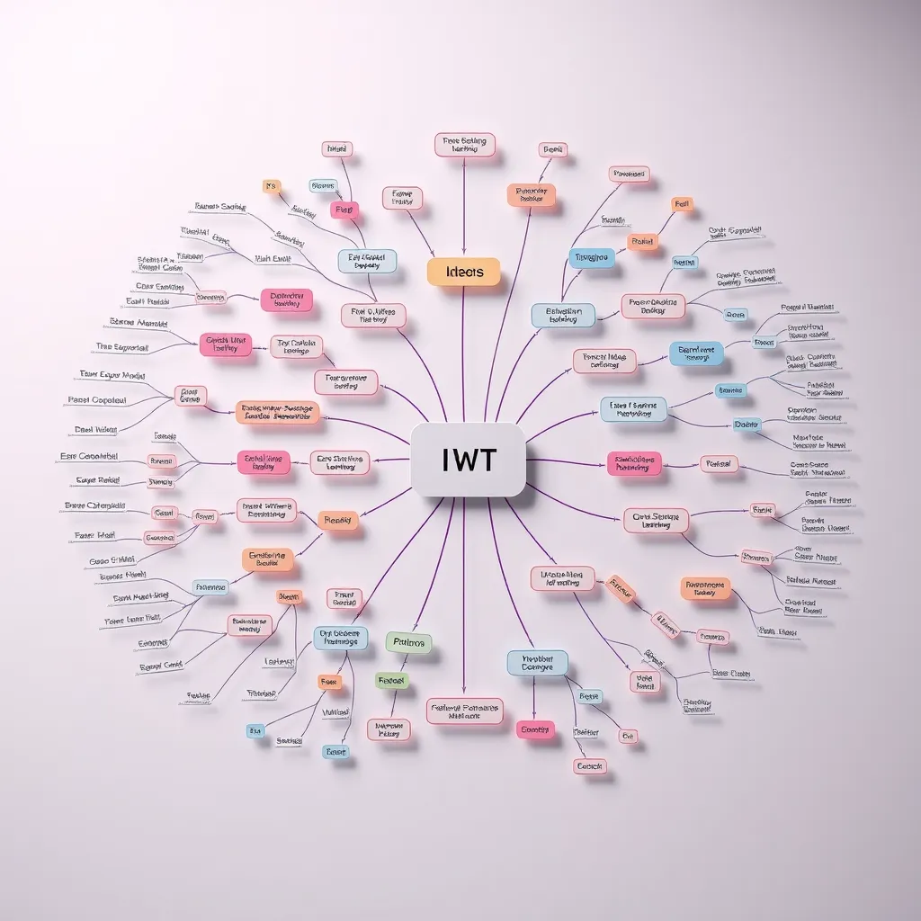 A mind map with interconnected ideas, each represented by a different color and shape. The mind map is connected by lines and arrows, showing the flow of information and the connections between concepts.