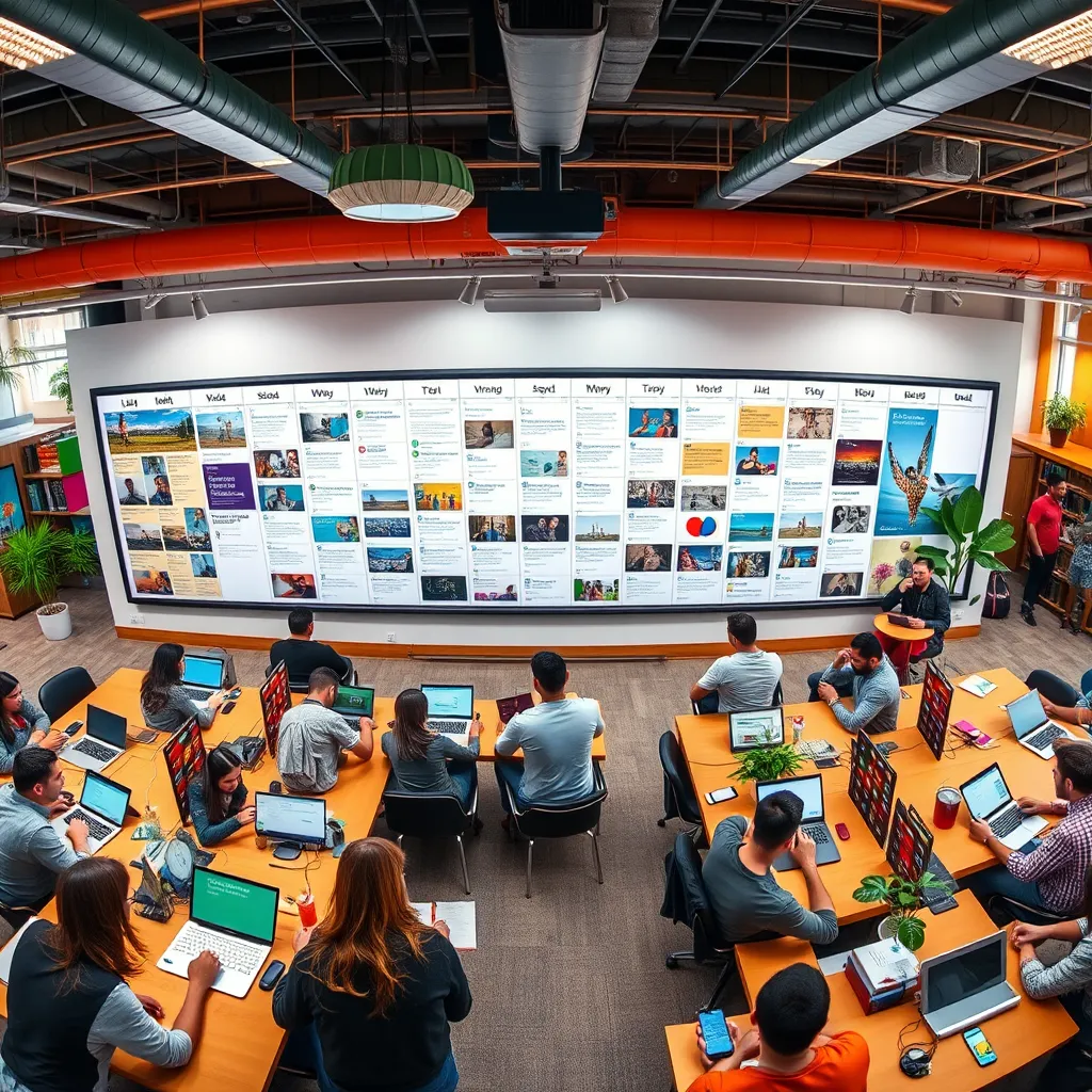 A panoramic view of a large, bustling coworking space, with diverse individuals working on laptops, tablets, and mobile phones. The scene is filled with vibrant colors, energy, and a sense of collaboration. In the center of the image, a large, interactive whiteboard displays a comprehensive content calendar, showcasing a variety of blog posts, articles, and multimedia content. The overall mood should be one of creative energy and productive collaboration. The image should be photorealistic, ultra-detailed, and captured from a high angle, showcasing the entire space.