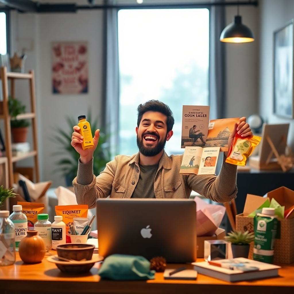 A person enthusiastically presenting various products from a specific niche, like sustainable living, using a laptop and surrounded by related items, brightly lit and in a modern setting. Photorealistic style, vibrant colors, sharp focus.