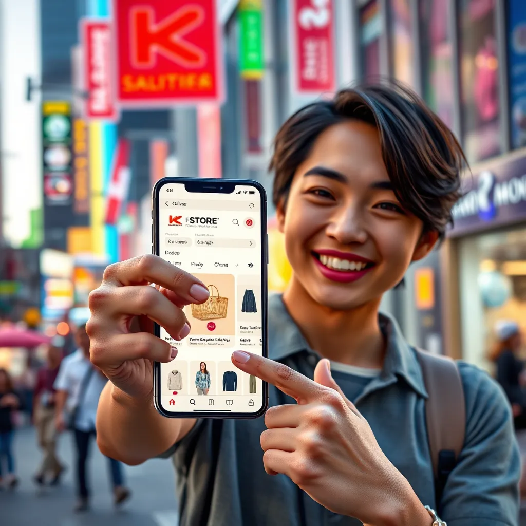 A person holding a smartphone showcasing an online store with a variety of products. The person is smiling and pointing at the screen. The background is a vibrant cityscape with a bustling street. The image should convey a sense of excitement, accessibility, and a seamless shopping experience.