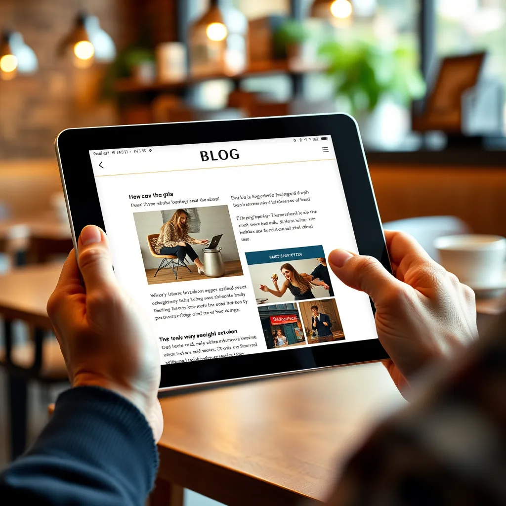 A person scrolling through a blog post on a tablet. The blog post has engaging visuals, interactive elements like quizzes or polls, and clear calls to action. The background is a cozy coffee shop setting.
