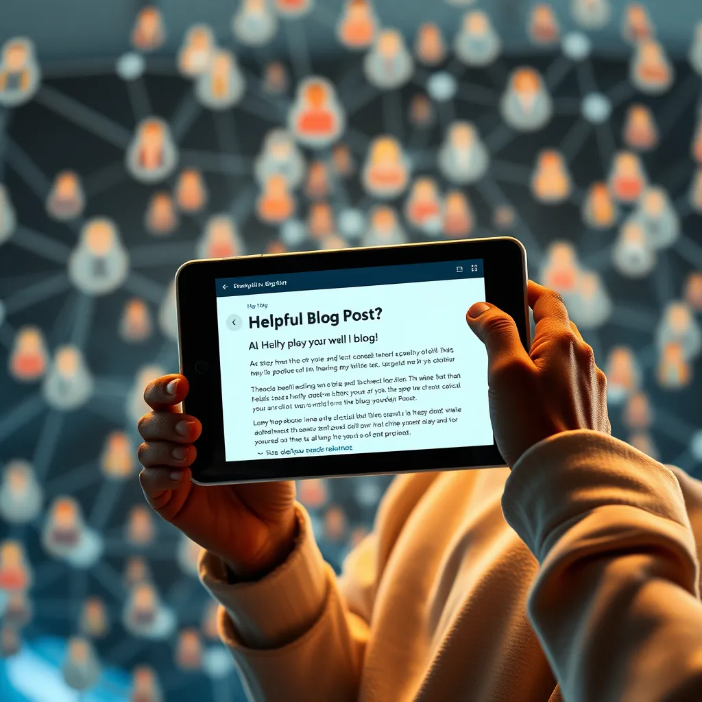 A person sharing a helpful blog post on social media, with a friendly and engaging tone. The background features a network of interconnected people, representing a growing community around the blog.