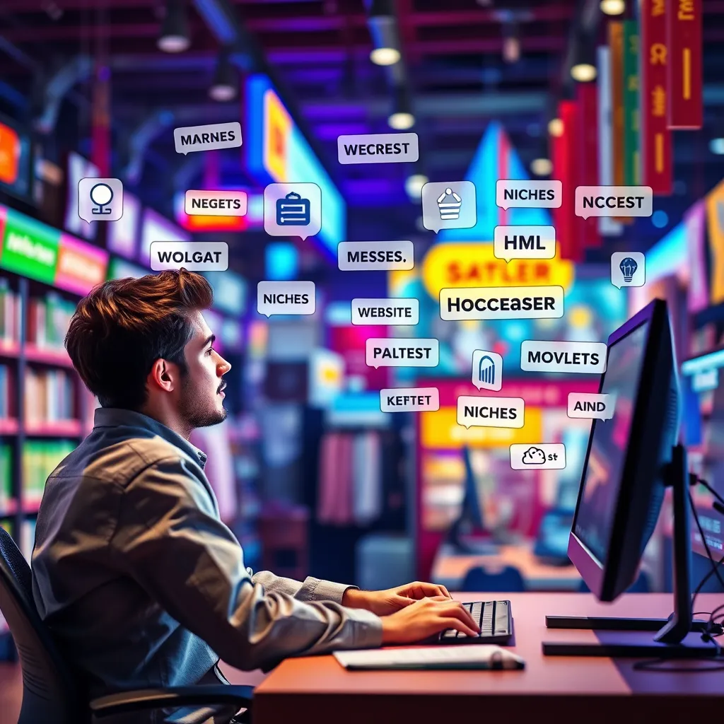 A person sitting at a computer, researching different niches and brainstorming ideas, with various website icons and keywords floating around them. The background is a bright, colorful representation of a vibrant online marketplace.
