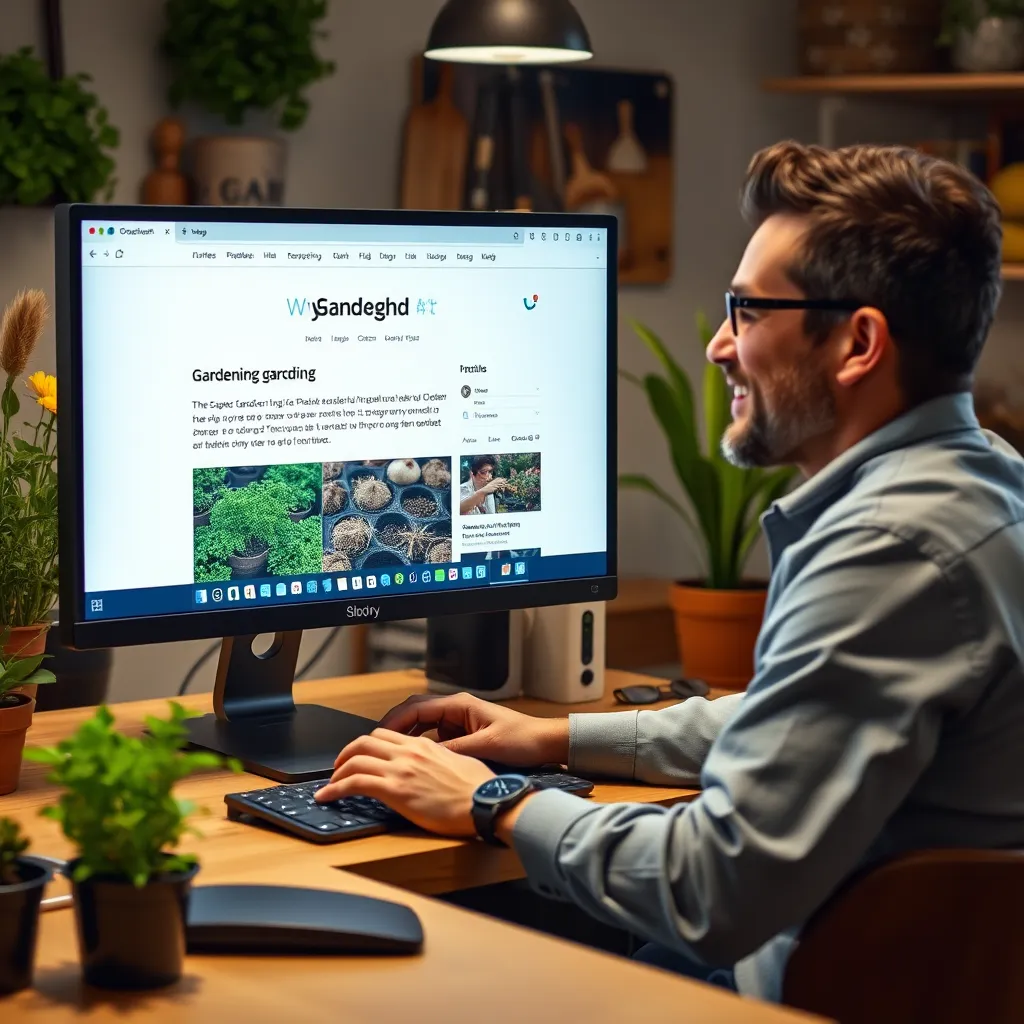 A person sitting at a computer, looking at a screen displaying a blog post about gardening. The person is smiling and looking interested. In the background, there are gardening tools and plants.