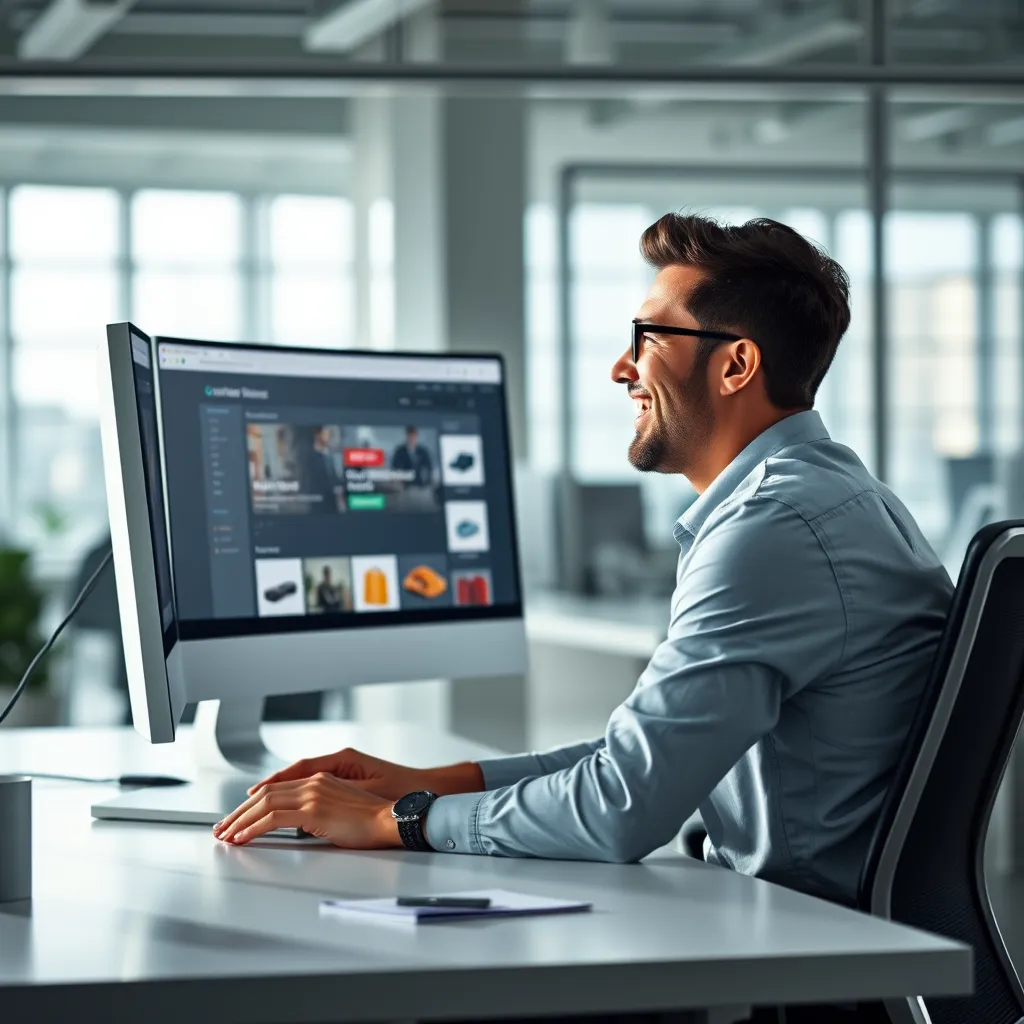 A person sitting at a desk, looking at a computer screen with a website showing a variety of products. The person is smiling and looks excited. The background is a modern office with natural light and a minimalist design. The image should convey a sense of excitement and opportunity.