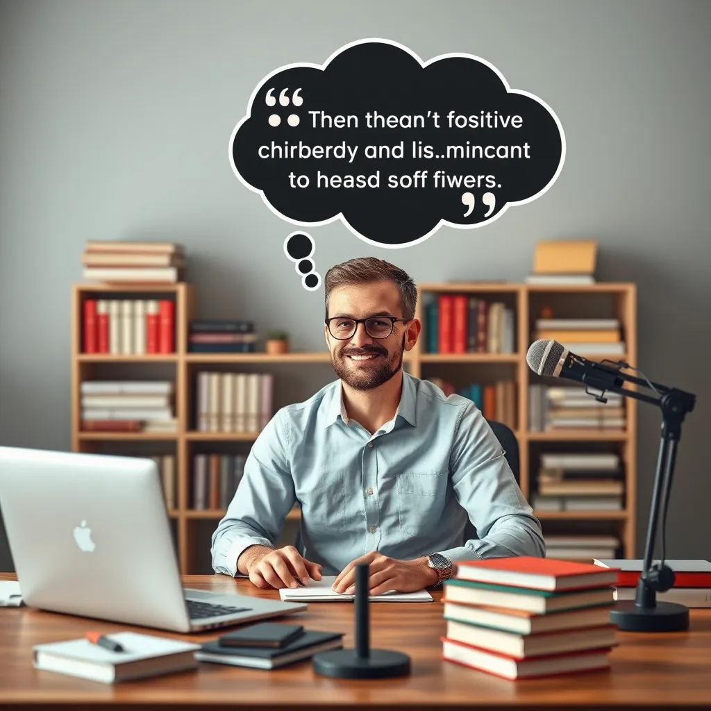 A person sitting at a desk, surrounded by books, a laptop, and a microphone, with a thought bubble above their head displaying a positive review and testimonials, representing the building of trust and authority in affiliate marketing.