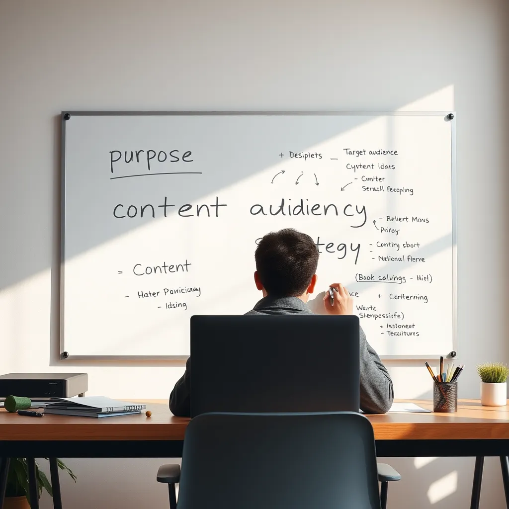  A person sitting at a desk with a laptop, brainstorming and writing down ideas on a whiteboard. The whiteboard should have key phrases like 'purpose' , 'target audience' , and 'content strategy' . The background should be a modern, minimalist workspace with natural light.