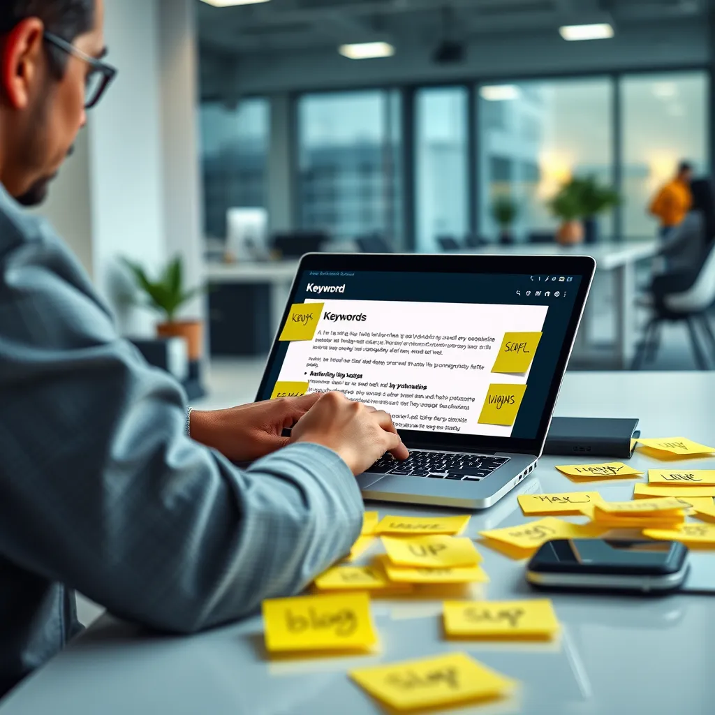 A person sitting at a desk with a laptop, surrounded by sticky notes with keywords written on them. The laptop screen shows a blog post with keywords highlighted. The background is a bright and modern office setting.