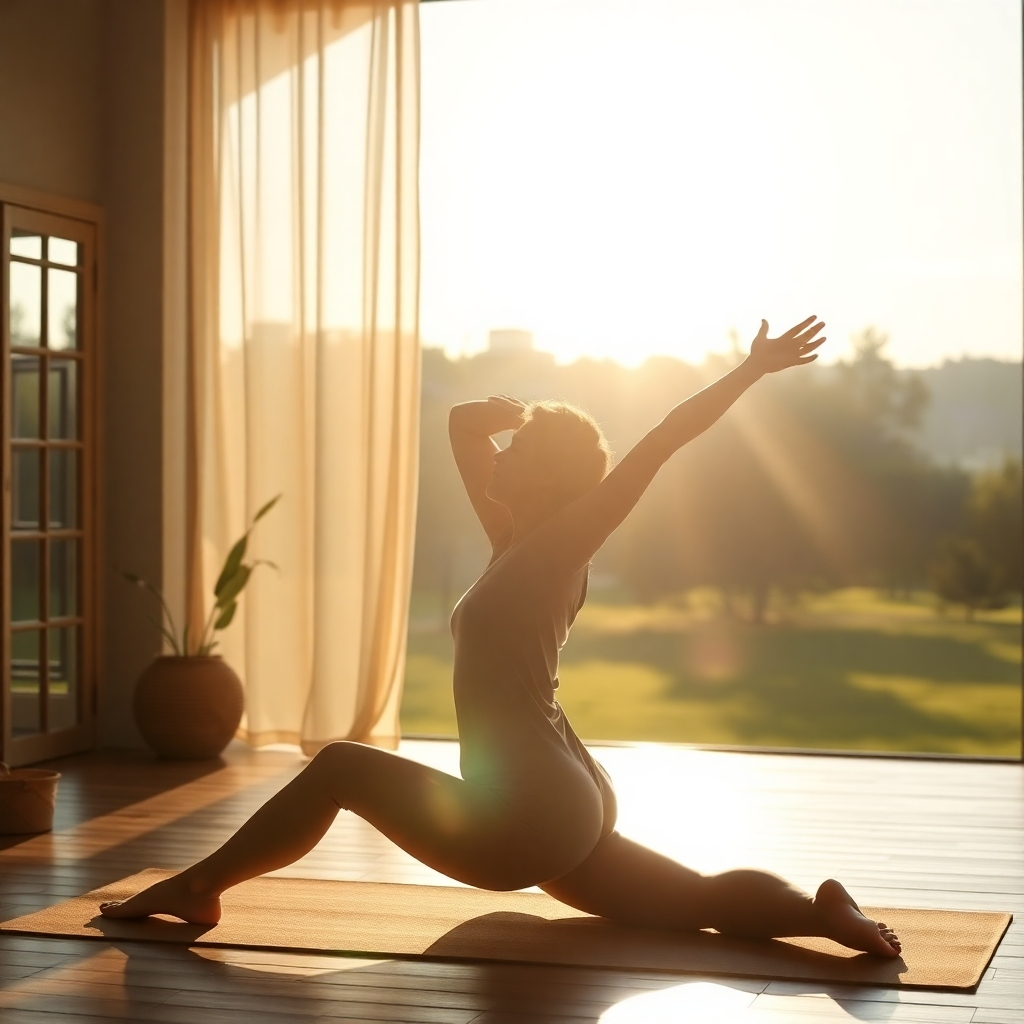 A person stretching in a peaceful environment; perhaps a sun-drenched yoga studio or a quiet park.  The image should convey a sense of calm and relaxation. Photorealistic, soft lighting, emphasis on tranquility