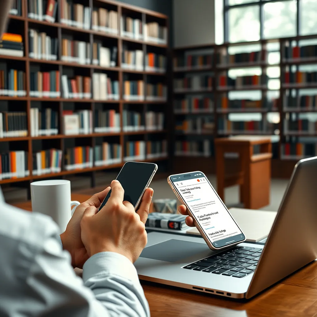  A person using a smartphone and laptop to research information on a website. The website should be a popular news platform or industry blog. The background should be a vibrant, modern library with shelves filled with books and natural light.