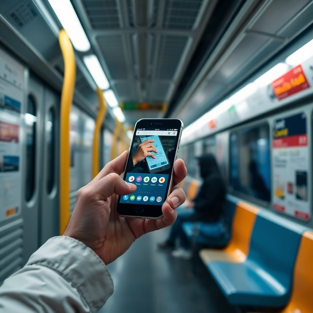 A person using a smartphone on a subway, seamlessly accessing and interacting with a Progressive Web App; the image should capture the speed and reliability, with a clear interface; high resolution, focus on the app's interface and ease of use
