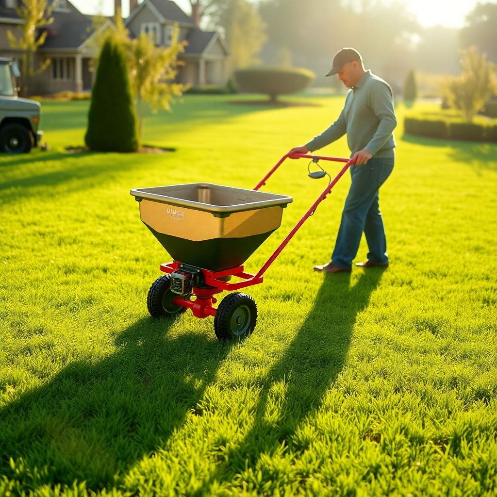 A person using a spreader to apply fertilizer to a large, healthy-looking lawn. The lawn is vibrant green, the spreader is clearly visible, and the scene is bathed in soft, natural sunlight. Photorealistic image, high detail, sharp focus.