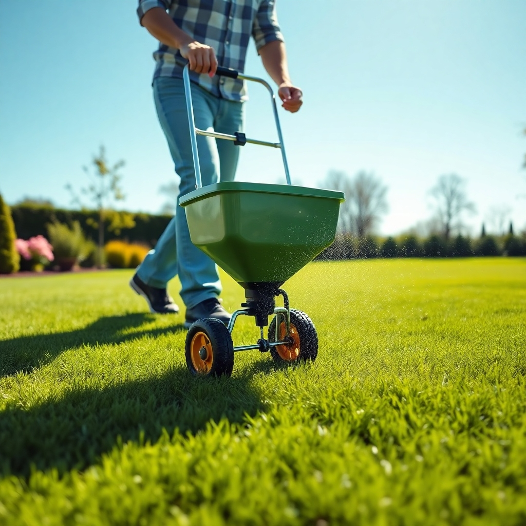 A person using a spreader to fertilize a perfectly manicured lawn on a sunny day. The lawn is a rich, deep green color. The image should be bright, sunny, and photorealistic, showing the spreader in action and the even distribution of fertilizer.