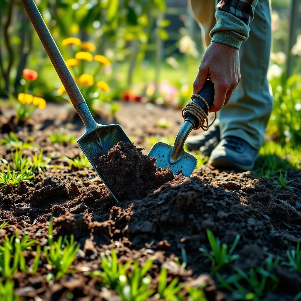 A person using gardening tools to prepare the soil for seeding a lawn.  The scene includes aerating, leveling, and adding compost to the soil. Photorealistic, high-detail, focus on the process and tools, with a well-lit background of a sunny garden.