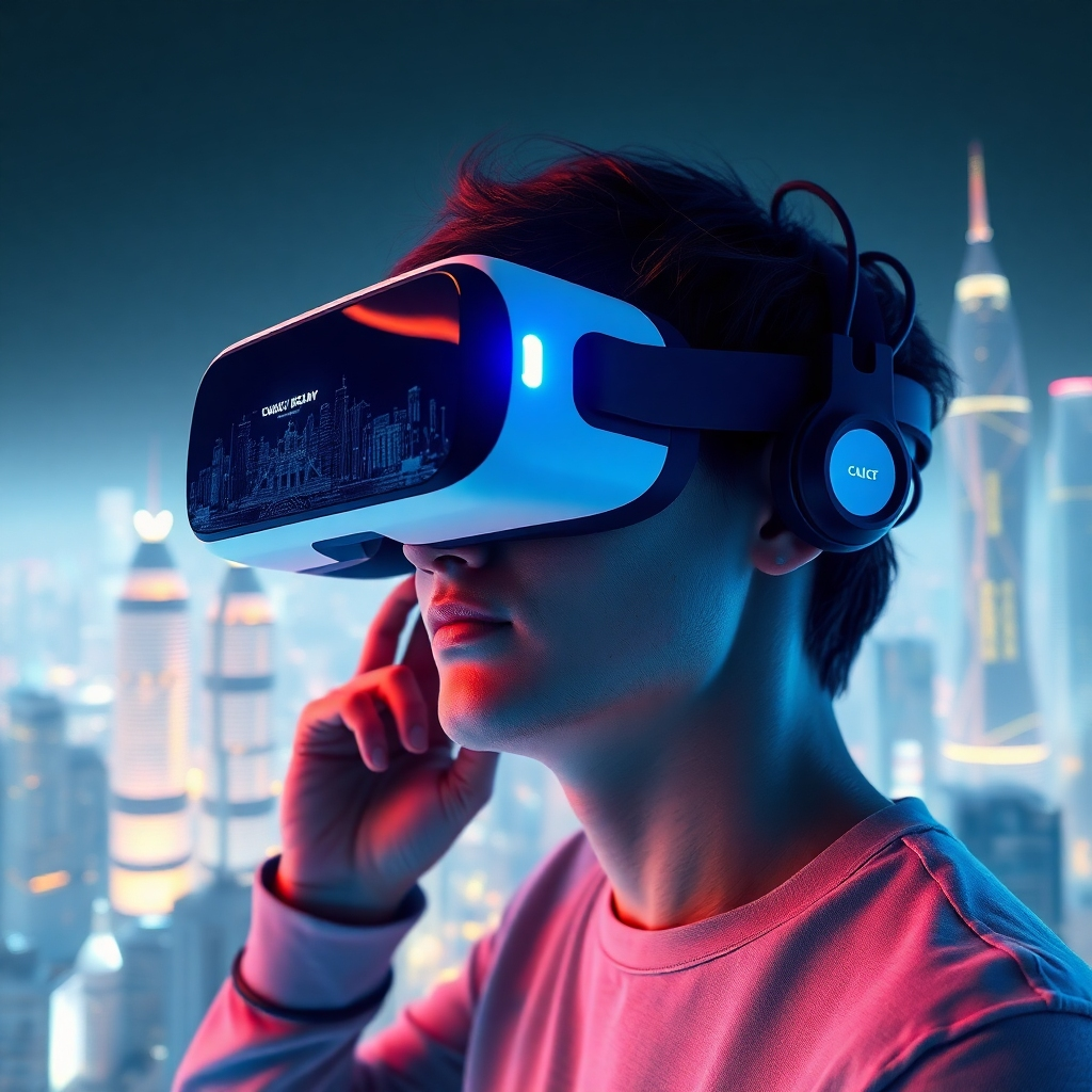 A person wearing VR glasses, interacting with a 3D model of a futuristic city built within a web browser; the scene should be photorealistic, highlighting detailed textures and lighting effects; high-resolution, cinematic lighting
