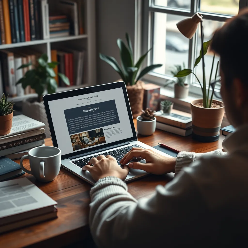 A person writing on a laptop in a cozy home office. The person is surrounded by books, plants, and a cup of coffee. The laptop screen shows a blog post with a professional design. The image should convey a sense of knowledge, expertise, and creativity.