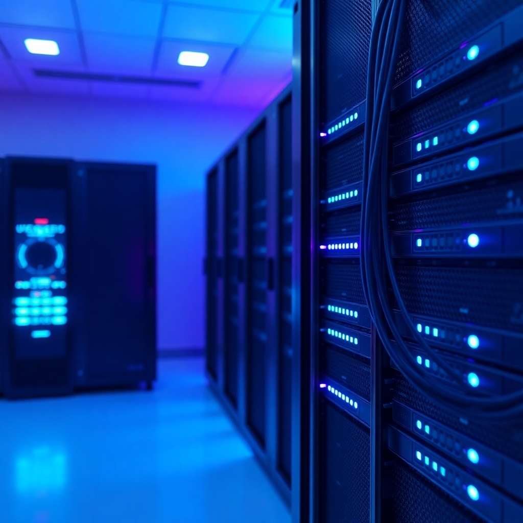 A photorealistic 8K image depicting a sleek, minimalist server room. The room is bathed in soft, diffused blue and purple lighting, creating a calm, secure atmosphere.  Close-up view of a high-end server rack, with glowing blue lights indicating active processes.  The server rack is made of brushed aluminum, with meticulously detailed textures and reflections visible.  Cables are neatly organized, showcasing a clean, professional setup.  The background features other server racks, subtly blurred to keep focus on the main subject. The overall mood is one of sophisticated technological security. The style should evoke the feeling of a high-tech data center found in a science fiction film, with a focus on clean lines and futuristic design elements.  The image should be hyperrealistic, emphasizing fine details and textures, in the style of Gregory Crewdson’s cinematic photography and Syd Mead’s futuristic concept art.