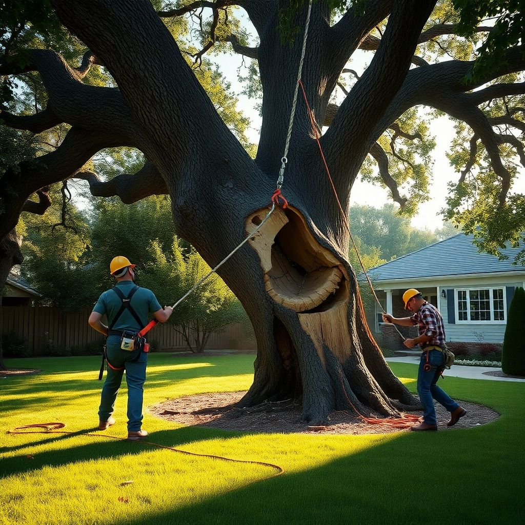 A photorealistic 8K image depicting the meticulous removal of a large, mature oak tree in a residential backyard.  The tree is partially felled, with the remaining section carefully braced by ropes and equipment.  Two experienced arborists, wearing safety gear including hard hats and harnesses, are using chainsaws and rigging equipment with precision. Soft, diffused sunlight illuminates the scene, casting long shadows that accentuate the texture of the tree's bark and the intricate details of the rigging system. The color palette should be natural and earthy, with greens, browns, and muted blues.  The camera angle is slightly elevated, offering a wide view of the operation. The background includes a neat, manicured lawn and a well-kept home. Emphasize the fine textures of the wood, rope, and arborists' clothing. Render the scene in the style of a National Geographic photograph, focusing on both the technical aspects and the natural beauty of the situation.  The mood should be one of professional expertise and careful respect for the environment.  Ultra-detailed, hyperrealistic rendering.