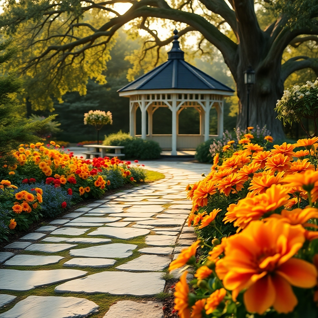 A photorealistic 8K image depicting a lush, meticulously designed garden.  The composition features a gently curving stone pathway leading to a charming gazebo nestled amongst vibrant flowerbeds. Soft, diffused morning light bathes the scene in a warm, inviting glow. The color palette is rich and varied, featuring deep greens, vibrant blues, and pops of sunny yellow and fiery orange from the blooming flowers.  The texture of the stone pathway is rough and uneven, contrasting with the smooth, velvety petals of the flowers.  Fine details such as dew drops on leaves and the intricate veins of flower petals are clearly visible.  The camera angle is slightly elevated, providing a sweeping view of the entire garden. The style is reminiscent of the works of renowned landscape photographer,  Andrew Wyeth, emphasizing natural beauty and tranquility. The background includes a mature oak tree partially visible in the soft light, adding depth to the composition.  The overall mood is serene and peaceful, inviting the viewer to relax and enjoy the beauty of nature.  The image should exhibit hyperrealistic detail, showcasing the textures and lighting with exceptional clarity, as if shot with a high-end DSLR camera with macro capabilities.  
