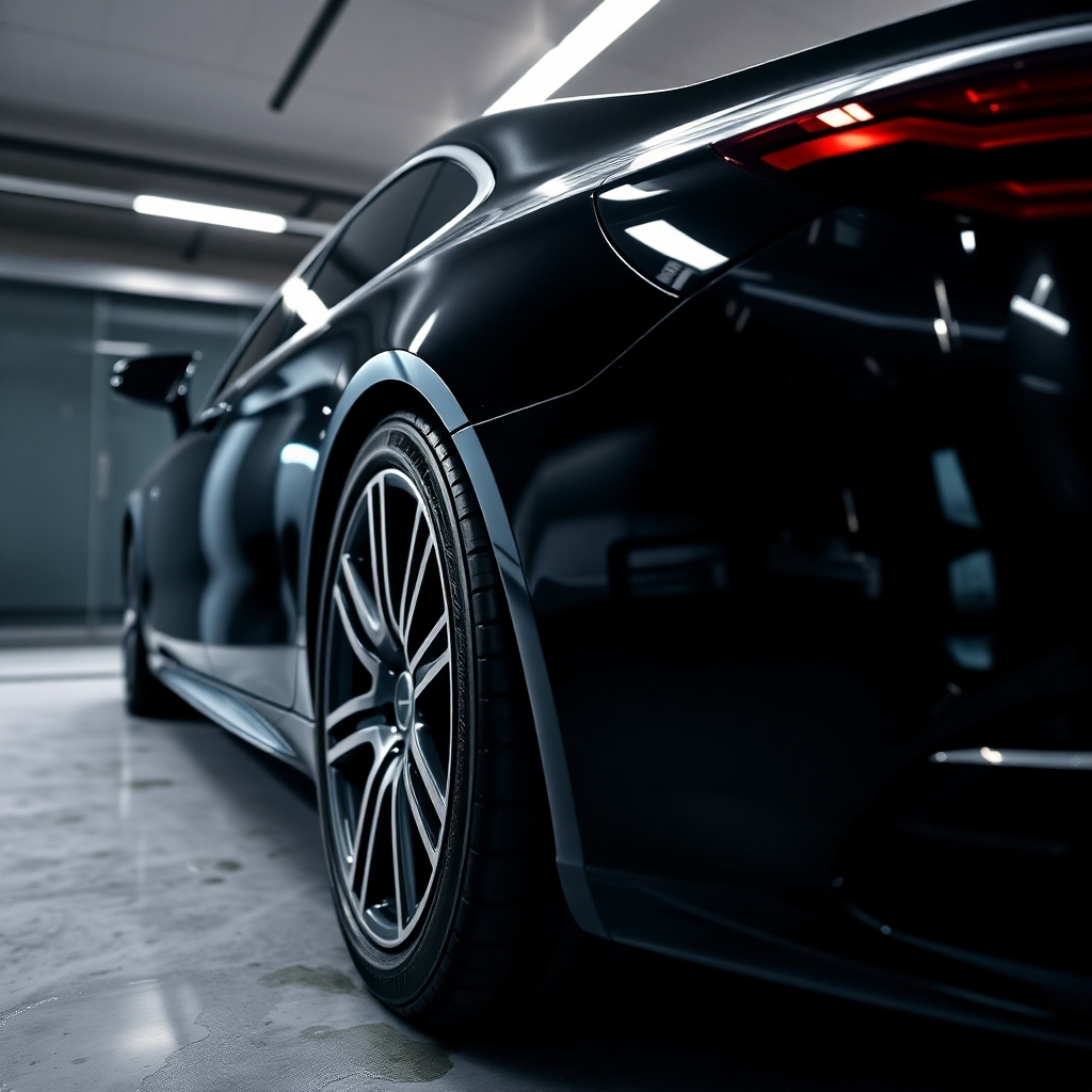 A photorealistic 8K image depicting a gleaming black Mercedes-Benz S-Class undergoing exterior detailing.  The car is parked in a modern, clean garage with soft, diffused lighting. The color palette is rich and dark, emphasizing the deep black paint and subtle reflections. The camera angle is slightly low, showcasing the car's elegant lines and polished surfaces.  Focus on the intricate details: the meticulously cleaned tires and rims, the spotless paintwork, and the reflections of the garage's clean environment. The scene should have a luxurious and calm mood.  Textures should be hyperrealistic, showing the smoothness of the paint, the slight roughness of the tires, and the gleam of the chrome accents. Include subtle water droplets on the freshly washed surfaces. The style should be reminiscent of automotive photography by renowned automotive photographer, showcasing the car's immaculate condition.  Render the image with ultra-detailed reflections and a high dynamic range for maximum realism.