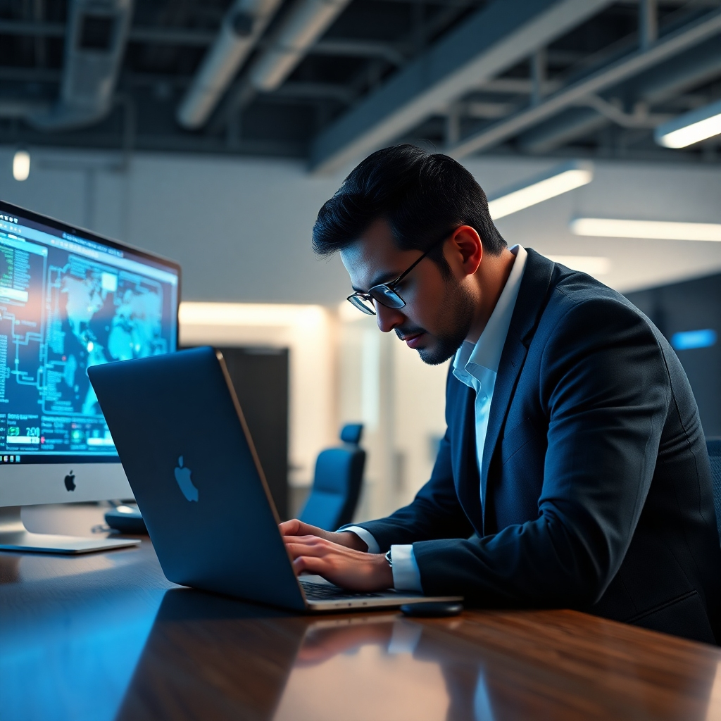 A photorealistic, 8K resolution image depicting a cybersecurity expert in a modern, brightly lit office, hunched over a laptop displaying complex network diagrams.  Soft, diffused lighting illuminates the scene, casting a subtle glow on the screens and reflecting softly on the polished desk surface. The color palette is cool and sophisticated, featuring shades of blues, grays, and whites. The camera angle is slightly elevated, looking down at the expert's focused face, emphasizing the detail of the network visualization on the screen. Textures are meticulously rendered: the smooth glass of the laptop screen, the rough texture of the desk's wooden surface, the fine weave of the expert's clothing. The background features subtly blurred elements of a modern office space with sleek technology, including servers and network hardware. The overall mood is one of focused intensity and technological expertise. Style references: Steve McCurry, Annie Leibovitz.  The image should be hyperrealistic, ultra-detailed, and evoke a sense of precision and security.  Include various cybersecurity tools and software interface elements realistically rendered in the laptop screen. The expert should wear professional attire, possibly with a company logo subtly displayed.  The image must convey a sense of professionalism and trustworthiness.