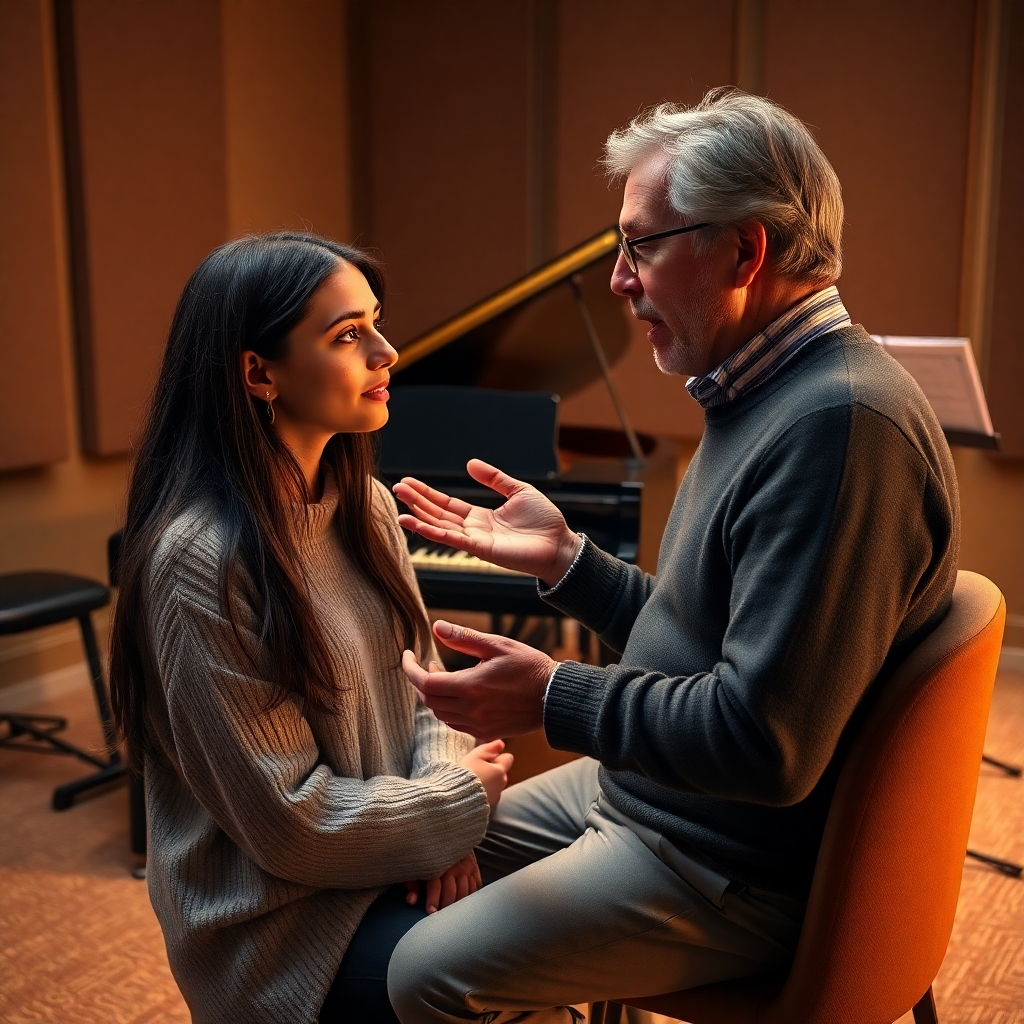 A photorealistic, 8K resolution image depicting a private voice lesson.  The scene is set in a warmly lit, soundproofed music studio with soft diffused lighting. The color palette is warm and inviting, with muted earth tones and pops of rich jewel tones. The composition features a young woman, mid-twenties, with long dark hair, sitting opposite a seasoned vocal instructor, fifties, with kind eyes and glasses.  The instructor is gesturing gently while observing the student's posture and expression.  The camera angle is slightly elevated, creating a sense of intimacy. The textures are ultra-detailed:  the plush carpet, the smooth wood of the piano in the background, the fine wool of the student's sweater. The studio features acoustic panels, a comfortable chair, and a musical score on a stand.  The mood is calm and focused. The image style is reminiscent of Annie Leibovitz's portraiture.  Focus on capturing hyperrealistic detail in the expressions, skin texture, and the subtle interplay between instructor and student.  The overall feel should be sophisticated yet approachable.