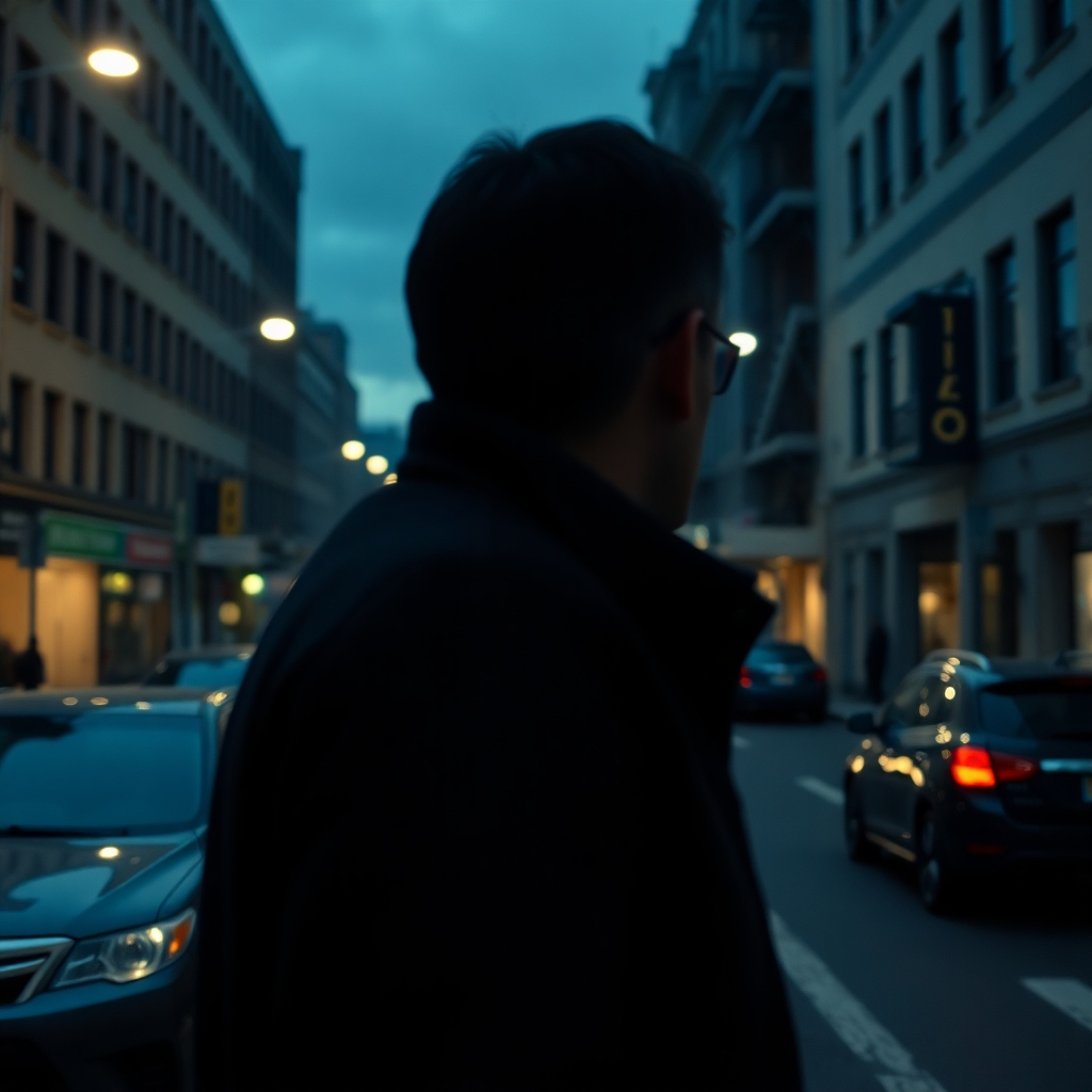 A photorealistic, 8K resolution image depicting a private investigator discreetly observing a subject from a distance. The scene is set in a bustling city street at twilight, with soft diffused lighting from street lamps creating a moody atmosphere. The color palette is muted, emphasizing dark blues, grays, and blacks. The camera angle is from a slightly elevated position, offering a clear view of the subject without being overly intrusive. The investigator is partially obscured by shadows, wearing dark clothing to blend in. The subject is walking down the street, unaware of the surveillance.  Detailed textures are visible on the investigator's clothing, the subject's clothing, and the city street surroundings. Environmental elements such as parked cars, street signs, and building facades contribute to a sense of realism. The style is inspired by the cinematic work of Roger Deakins, emphasizing depth of field and natural lighting.  The overall mood is tense and suspenseful, reflecting the clandestine nature of the operation.  Ultra-detailed, hyperrealistic rendering.  Focus on creating a cinematic quality image.