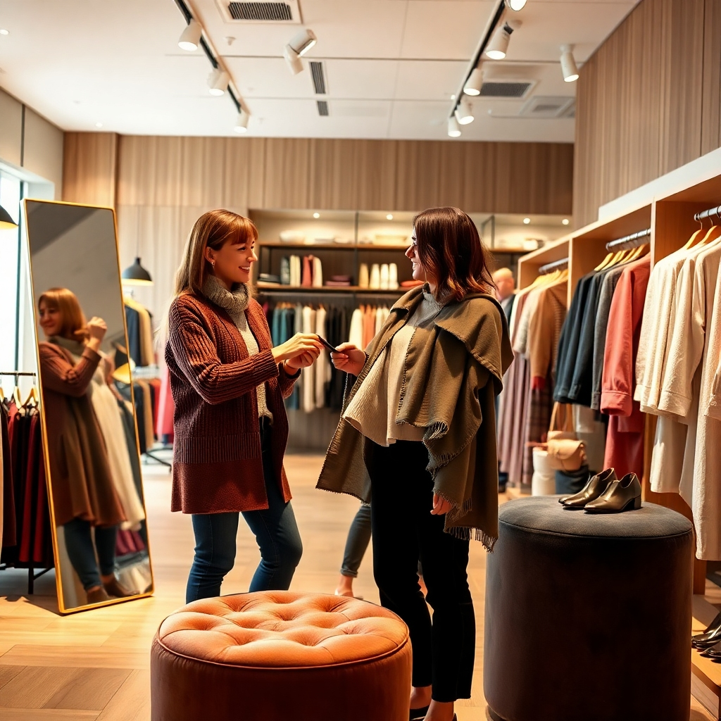 A photorealistic, 8K resolution image depicting a friendly stylist assisting a customer in a brightly lit, modern retail store. Soft diffused lighting enhances the warm, inviting atmosphere. The color palette is vibrant yet sophisticated, with natural wood tones and pops of color from clothing displays.  The camera angle is slightly elevated, providing a full view of the customer and stylist interacting. The customer is looking at clothing items held by the stylist. The textures of high-quality fabrics (cashmere, silk, cotton) are meticulously detailed. Environmental elements include sleek, modern display racks filled with diverse clothing, accessories, and shoes.  Props include a full-length mirror reflecting the customer and stylist, and a plush velvet stool. The scene is styled in the manner of a high-end fashion magazine photoshoot, with a focus on natural yet luxurious materials and clean lines. The overall mood is one of elegance, confidence, and personalized service. The image should be ultra-detailed and hyperrealistic, capturing the subtle nuances of light, shadow, and texture.  The background is intentionally blurred to maintain focus on the customer and stylist interaction.