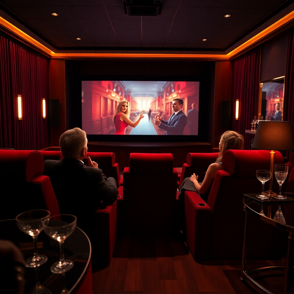 A photorealistic, 8K resolution image depicting a luxurious home theater. The scene is set at night, illuminated by soft, warm lighting emanating from a large, high-definition screen displaying a vibrant movie scene.  The main focus is on a group of three elegantly dressed individuals engrossed in the movie, their expressions reflecting awe and excitement.  The theater features plush, velvet seating in deep burgundy, a rich mahogany wood floor, and subtle ambient lighting adding depth to the environment. The image should evoke a feeling of refined luxury and exclusivity. The color palette should be rich and cinematic, utilizing deep reds, golds, and blacks. The camera angle is slightly elevated, offering a comprehensive view of the theater and its occupants, capturing the immersive viewing experience.  The image should be rendered with hyperrealistic detail, showcasing the textures of the velvet seats, the polished wood, and the subtle reflections on the screen. The overall style should be reminiscent of the photography of Annie Leibovitz, capturing a candid moment of pure cinematic enjoyment.  The background subtly includes a partially visible bar with crystal glasses and an elegantly decorated side table. The scene should capture the richness and exclusivity of a private movie premiere.