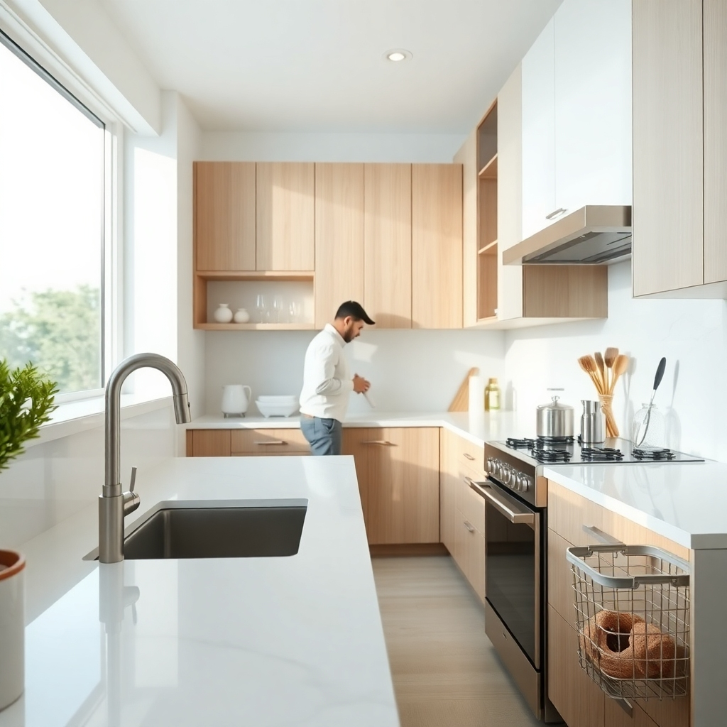 A photorealistic, 8K resolution image depicting a hyperrealistic deep cleaning of a modern kitchen.  The scene is bathed in soft, diffused natural light streaming through a large window. The color palette is bright and airy, with cool whites and light greys dominating the scene. The camera angle is slightly elevated, providing a comprehensive view of the sparkling clean countertops, meticulously organized cabinets, and spotless appliances.  A cleaning professional is subtly visible in the background, finishing a detail such as polishing a stainless steel faucet.  Textures and materials should be highly detailed: the smooth, gleaming surfaces of the countertops, the subtly textured wood of the cabinets, the polished shine of the stainless steel appliances. The overall mood is one of pristine cleanliness and order. The style should emulate the work of a high-end architectural photographer, emphasizing clean lines and natural light.  The background includes a minimalistic, modern decor with pops of natural greenery.  Details such as dust-free surfaces, sparkling glassware, and perfectly organized utensils are crucial. Environmental elements include a freshly mopped floor and a subtly visible cleaning basket containing gleaming supplies.   The image should be rich in detail and high in contrast, evoking a sense of calm and effortless elegance.  In the style of Benjamin Von Wong and Annie Leibovitz