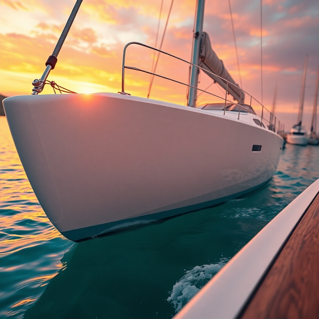 A photorealistic, 8K resolution image depicting a gleaming white sailboat, meticulously detailed after a professional cleaning. The sun is setting, casting a warm, golden light on the polished hull, highlighting its smooth, reflective surface.  The boat is gently rocking on calm, clear turquoise water, with a slight wave lapping against its hull. The sky is a vibrant blend of orange, pink, and purple hues. The image is captured from a low angle, emphasizing the boat's size and elegance.  The surrounding environment includes a tranquil marina with other boats softly blurred in the background.  The scene evokes a sense of peace and luxury. The textures are highly detailed, showing the smoothness of the gelcoat, the subtle grain of the teak deck, and the intricate details of the rigging. The image is styled in the manner of a classic yacht photography, emphasizing natural light and the beauty of the boat. The color palette is rich and vibrant, emphasizing the blues and greens of the ocean and the warm tones of the sunset.  The overall mood is serene, luxurious, and inviting.  The image should be ultra-detailed and hyperrealistic, showcasing the exceptional quality of the boat detailing.