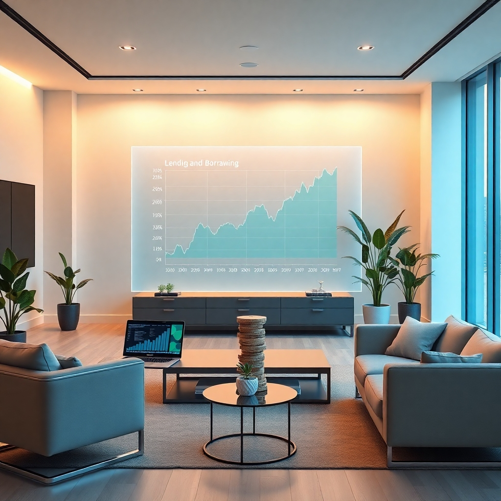 A photorealistic, 8K resolution image depicting a modern, minimalist office space with soft diffused lighting. The scene centers on a large, transparent holographic display showcasing a dynamic graph representing cryptocurrency lending and borrowing activity.  Warm, inviting color palette with accents of blue and green. The camera angle is slightly elevated, offering a comprehensive view of the display and the surrounding sleek, modern furniture.  Textures include polished glass, brushed metal, and soft fabric. Environmental elements include potted plants, and ambient lighting from large windows.  Props include sleek laptops displaying financial data and a physical model of a blockchain structure. The style should emulate the work of Annie Leibovitz, focusing on capturing a sense of calm and trust.  The image should convey technological advancement and financial security. Hyperrealistic detail, ultra-detailed textures, and a shallow depth of field are required to highlight the central display.