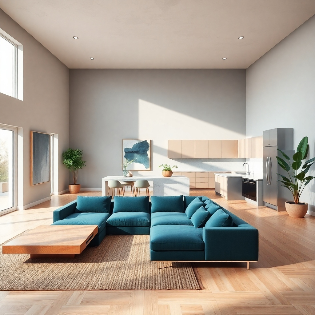 A photorealistic, 8K resolution image depicting an open-concept living room and kitchen area, seamlessly integrated.  The style should evoke a modern minimalist aesthetic, reminiscent of the work of photographer  Iwan Baan. Soft, diffused natural light streams from large windows, illuminating the space. The color palette is predominantly neutral, with warm gray walls, light oak flooring, and accents of deep teal in the upholstery and artwork. Textures are emphasized, showcasing the smooth concrete countertops, the woven texture of the rug, and the subtle grain of the oak wood. The camera angle is a slightly elevated wide shot, capturing the entire space and highlighting the flow between the living and kitchen areas.  The living area features a plush, modular sofa in deep teal velvet, a low coffee table made of light oak, and a large, abstract piece of art on the wall. The kitchen features sleek, minimalist cabinetry, a marble island, and high-end stainless steel appliances.  A large potted plant adds a touch of greenery. Hyperrealistic rendering with ultra-detailed textures and materials, emphasizing the sense of spaciousness and sophisticated design. Include subtle reflections and shadows to enhance the realism.