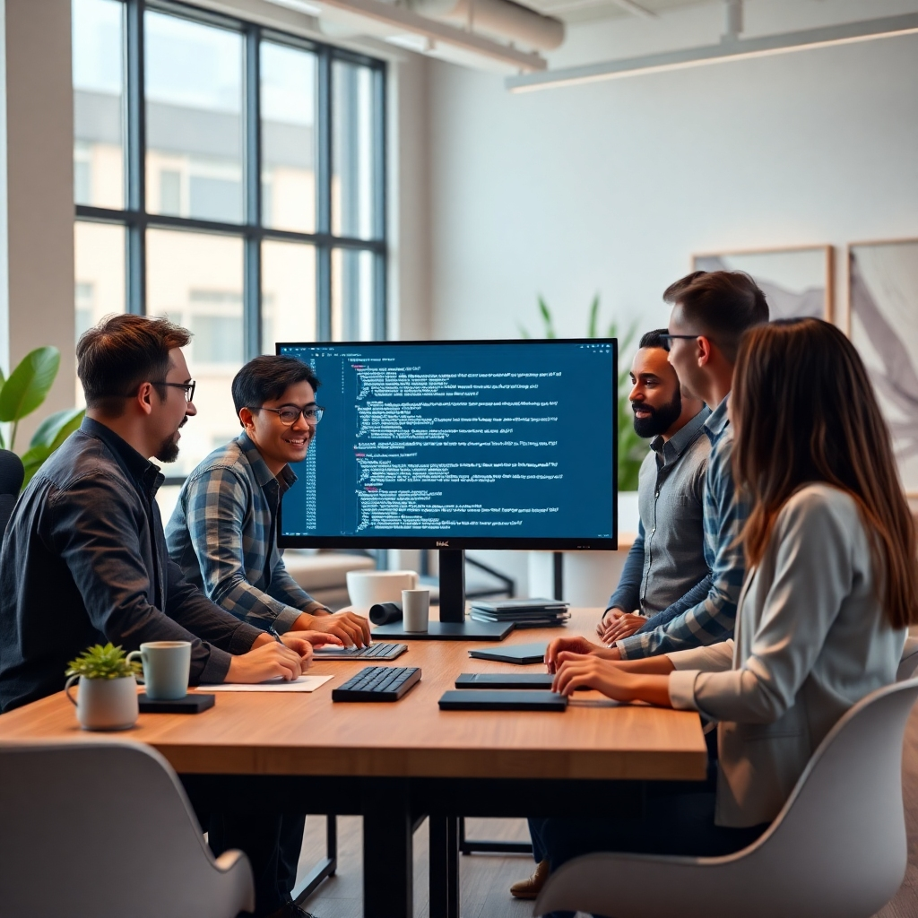 A photorealistic, 8K resolution image depicting a team of diverse software developers collaborating around a large monitor displaying clean, elegant code.  The scene is set in a modern, brightly lit office with large windows, showcasing a warm, inviting atmosphere. Soft, diffused lighting illuminates the scene. The color palette is sophisticated and calming, with muted blues, grays, and accents of natural wood. The camera angle is slightly elevated, offering a perspective that captures the team's dynamic interaction.  The developers are dressed in business casual attire, showcasing a blend of technology and professionalism.  Textures include the smooth glass of the monitor, the soft fabric of the clothing, and the natural grain of the wooden desk.  The background includes modern office furniture, plants, and abstract wall art. The overall mood is one of collaborative innovation and focused energy. Style reference: Annie Leibovitz. The image should be hyperrealistic, ultra-detailed, emphasizing the cleanliness and efficiency of the coding environment.